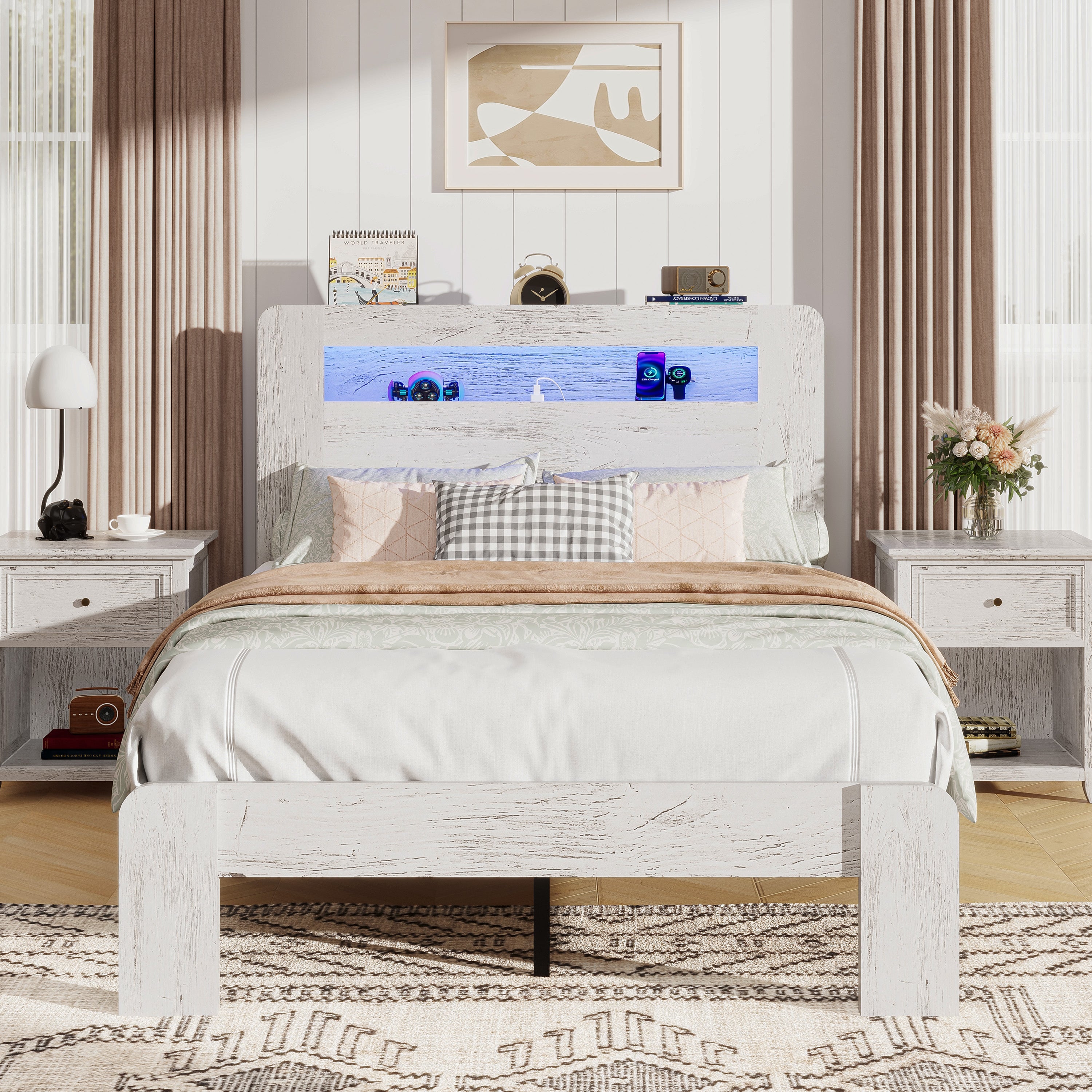 PAPROOS Queen Size Bed Frame, Wood Platform Bed with Charging Station and LED Light