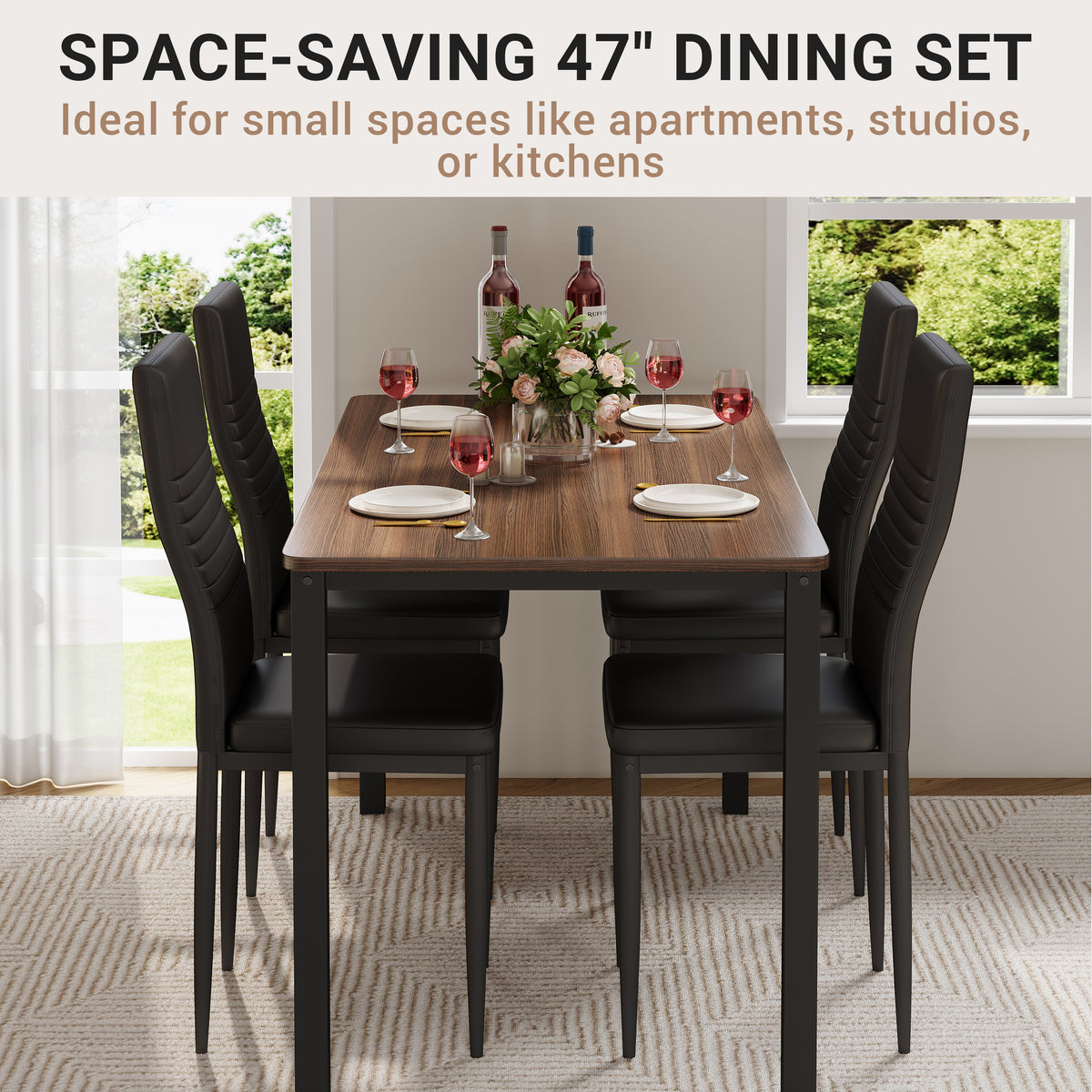 5 Piece Dining Table Set for 4, Paproos Wooden Dining Table and Chairs Set, Modern Kitchen Table Set with PU Leather Upholstered Chairs, Dining Room Table Set for Living Room Breakfast Nook
