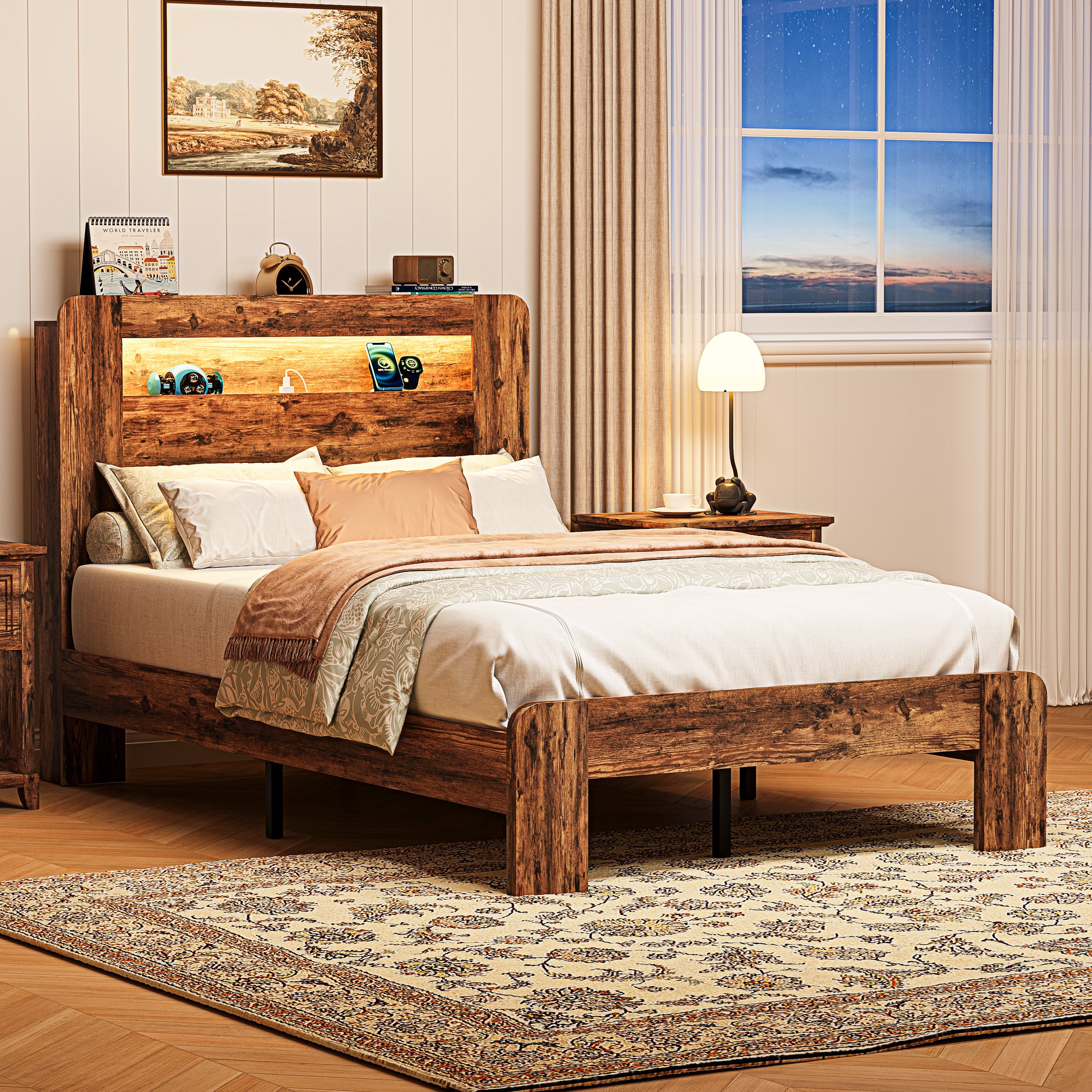 PAPROOS Queen Size Bed Frame, Wood Platform Bed with Charging Station and LED Light