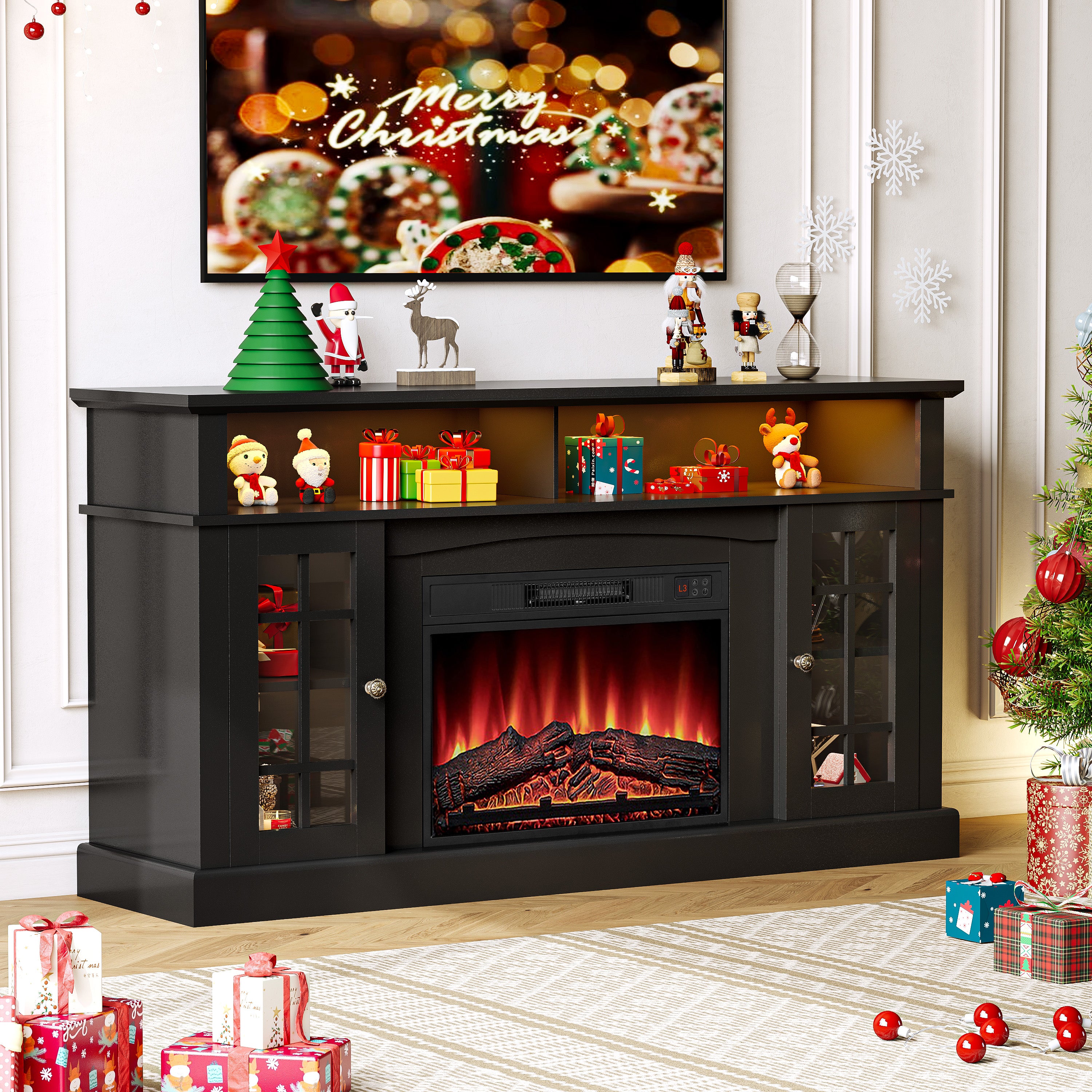 Fireplace TV Stand for 65 Inch TV, 1400w Farmhouse Electric TV Stand with Fireplace, Fireplace Entertainment Center with Remote Control for Living Room, Brown