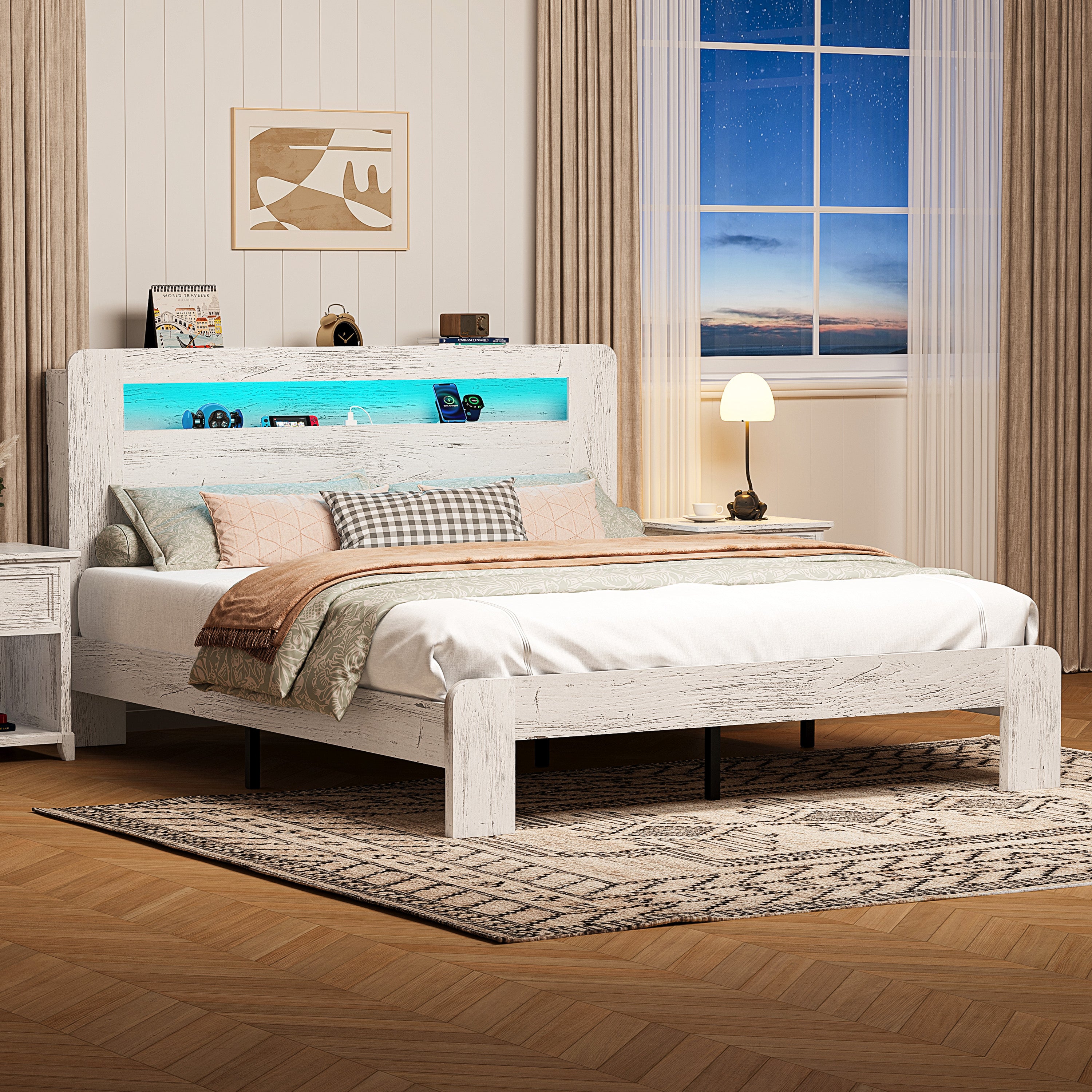 PAPROOS Queen Size Bed Frame, Wood Platform Bed with Charging Station and LED Light
