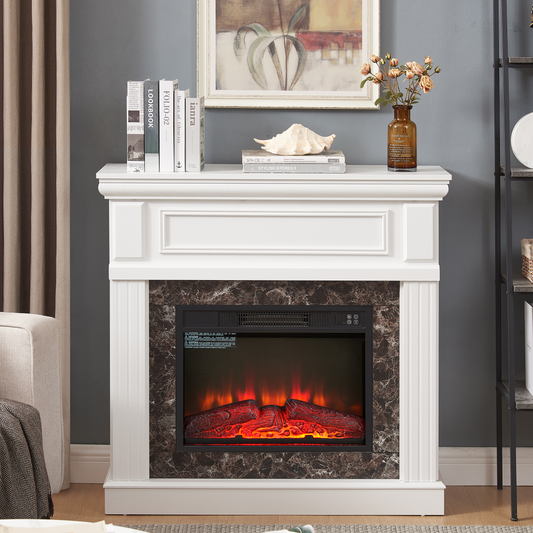 PAPROOS 41” Electric Fireplace with Mantel, Freestanding Electric Fireplace Heater with Remote Control, Adjustable Flame, Timer, Wooden Surround with Fireplace Insert for Living Room, 1400W, White