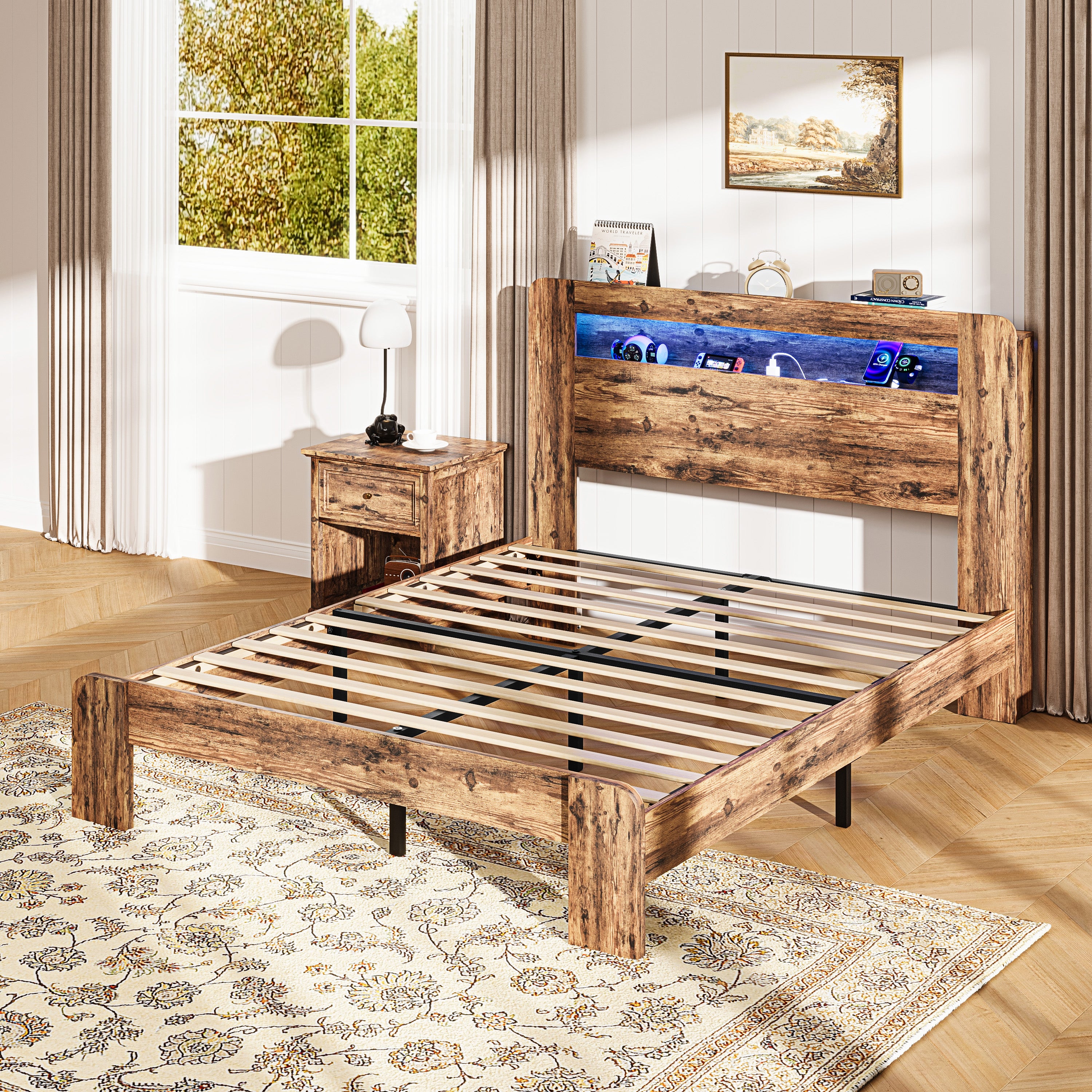 PAPROOS Queen Size Bed Frame, Wood Platform Bed with Charging Station and LED Light
