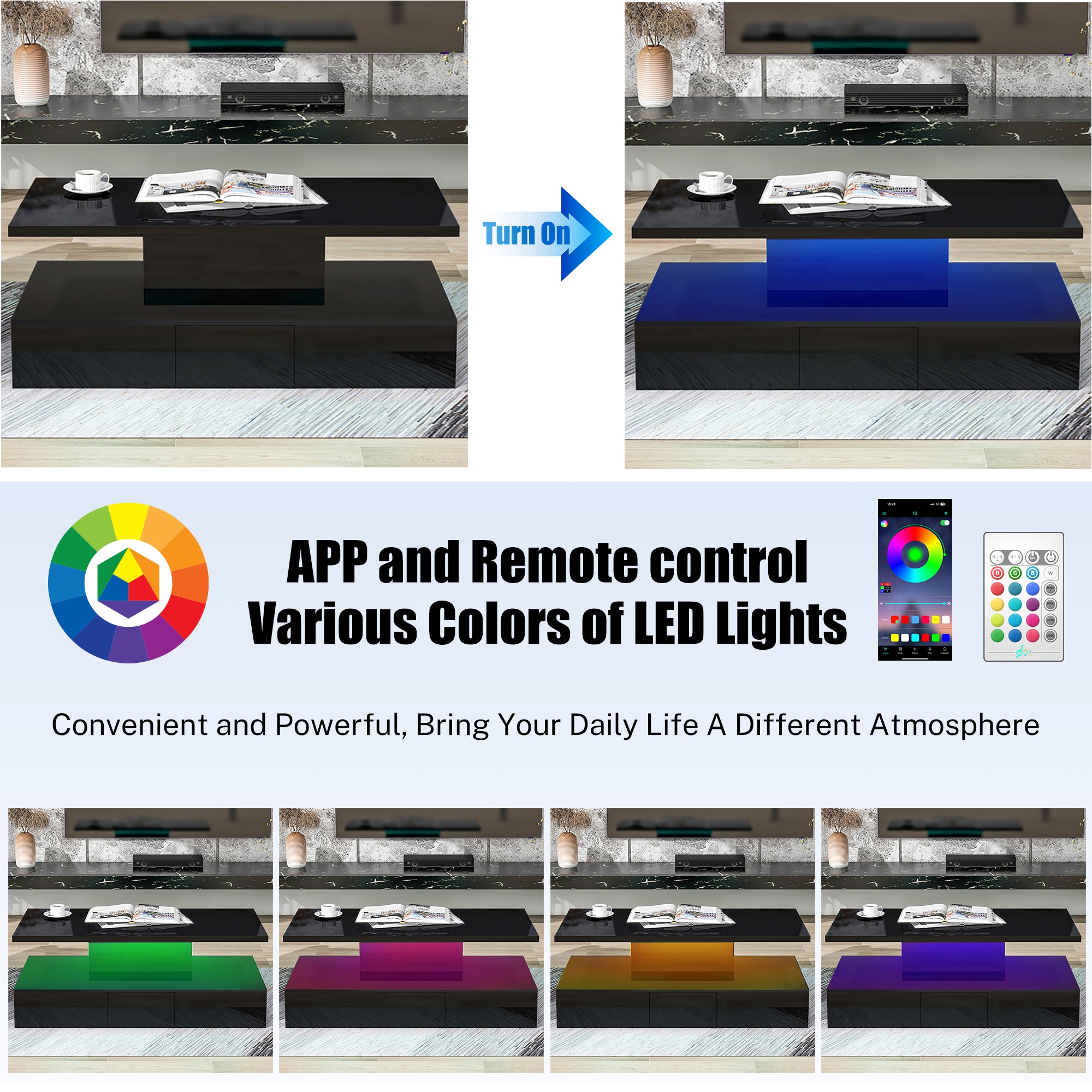 PAPROOS 41" LED Coffee Table with Storage Drawers, High Gloss Black Rectangular Coffee Table for Living Room Bedroom, Modern Coffee Tables, Center Table with Large Storage Space, App/Remote Control