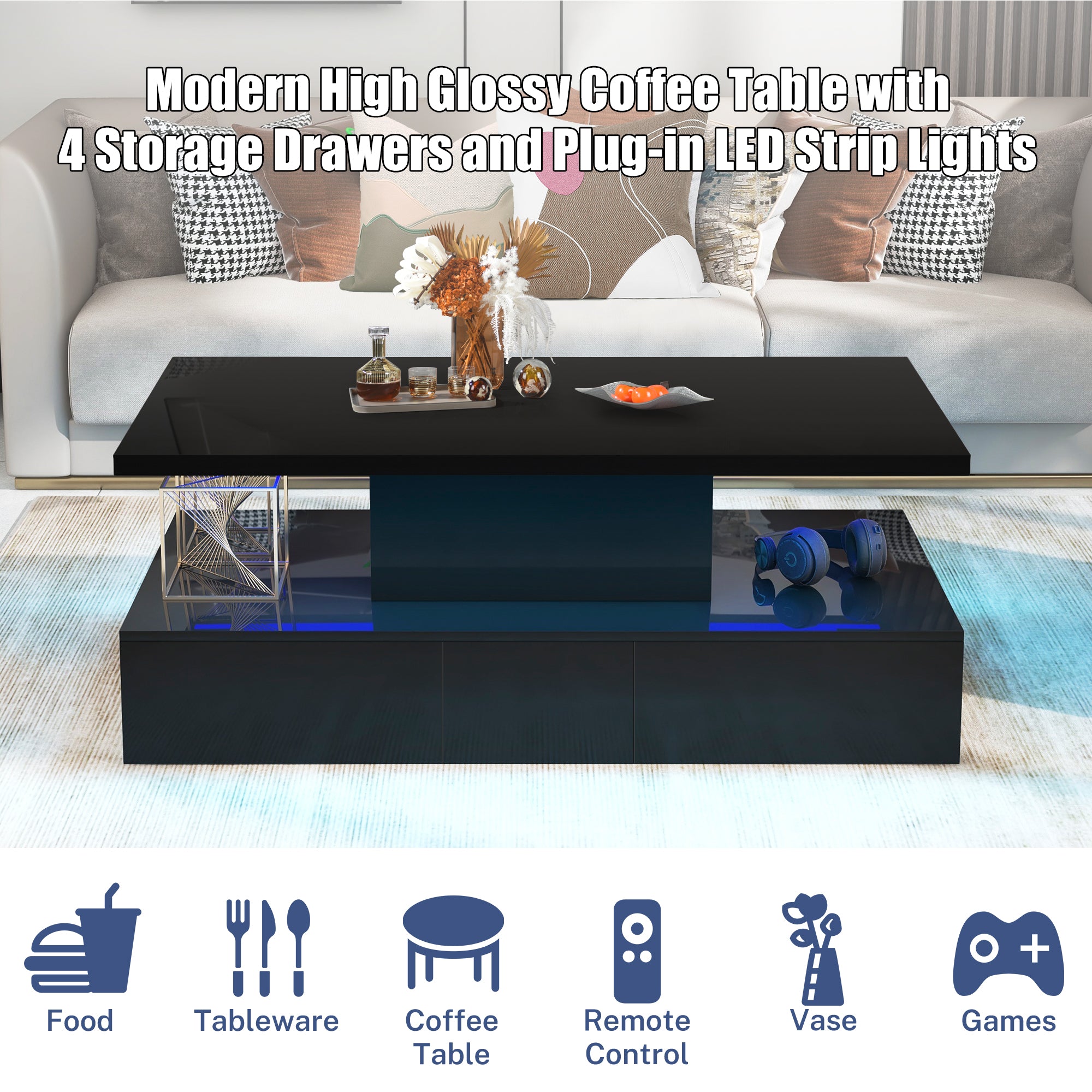 PAPROOS 41" LED Coffee Table with Storage Drawers, High Gloss Black Rectangular Coffee Table for Living Room Bedroom, Modern Coffee Tables, Center Table with Large Storage Space, App/Remote Control
