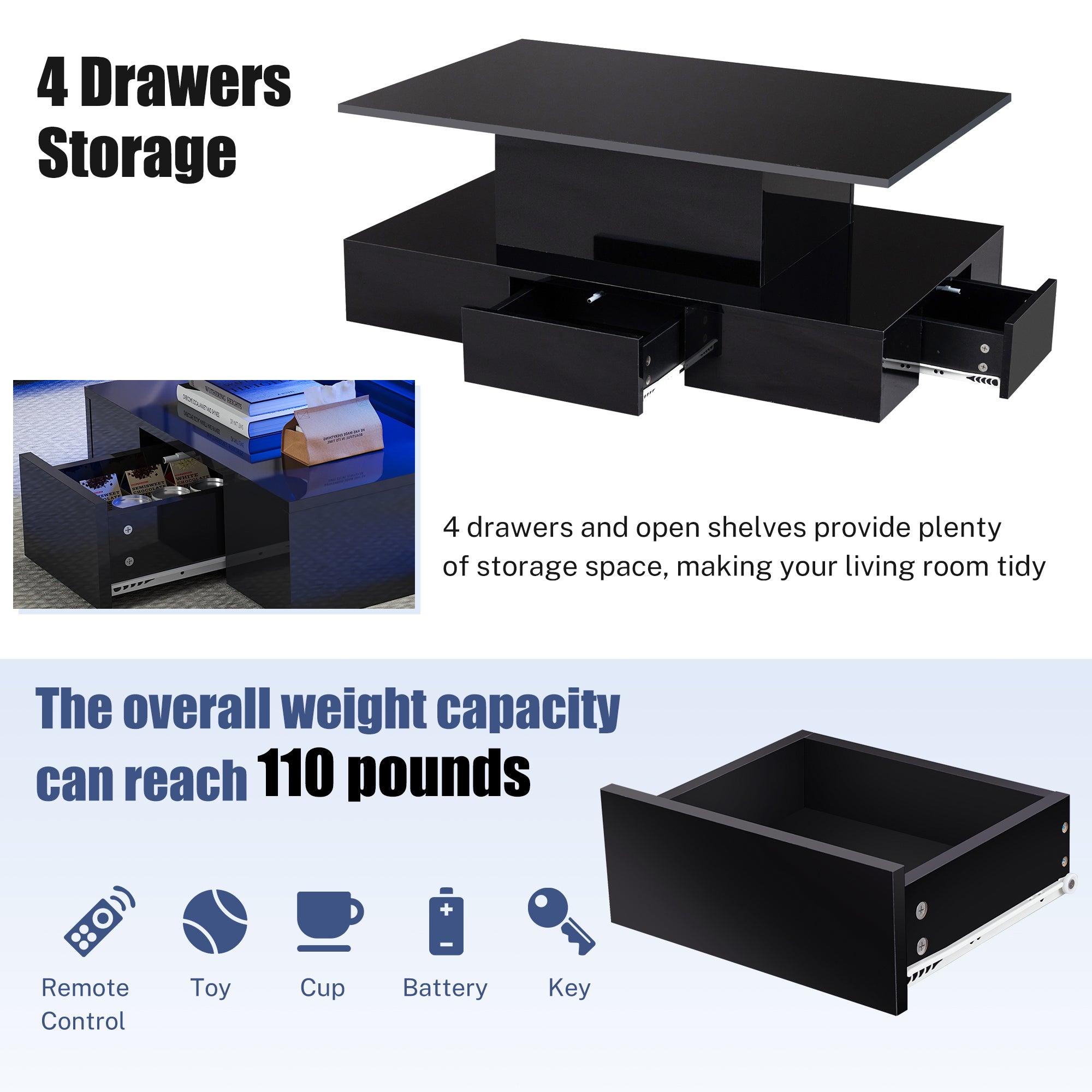 PAPROOS 41" LED Coffee Table with Storage Drawers, High Gloss Black Rectangular Coffee Table for Living Room Bedroom, Modern Coffee Tables, Center Table with Large Storage Space, App/Remote Control