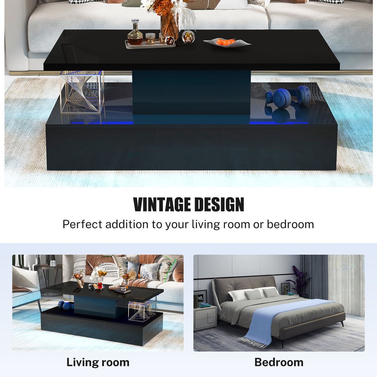PAPROOS 41" LED Coffee Table with Storage Drawers, High Gloss Black Rectangular Coffee Table for Living Room Bedroom, Modern Coffee Tables, Center Table with Large Storage Space, App/Remote Control
