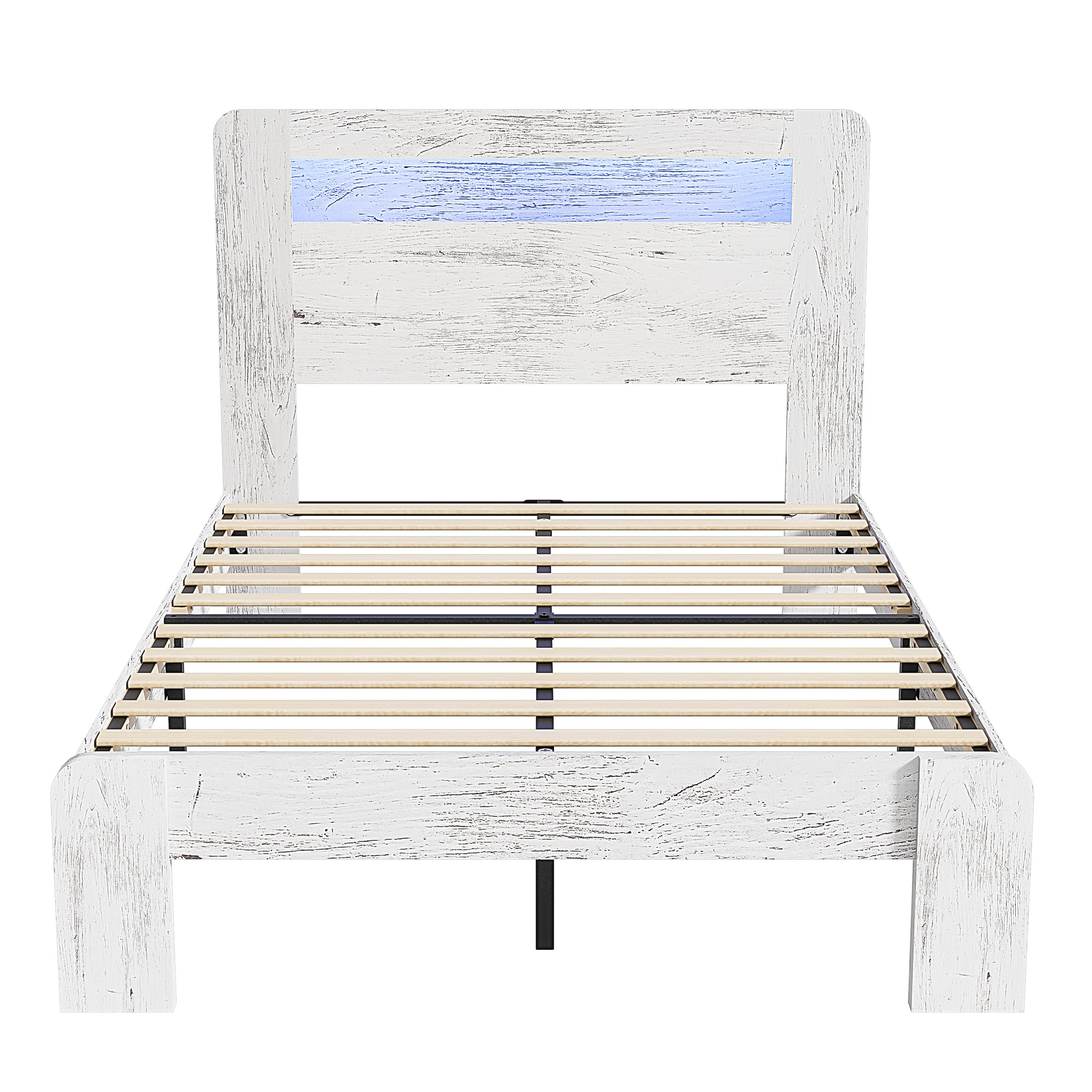 PAPROOS Queen Size Bed Frame, Wood Platform Bed with Charging Station and LED Light