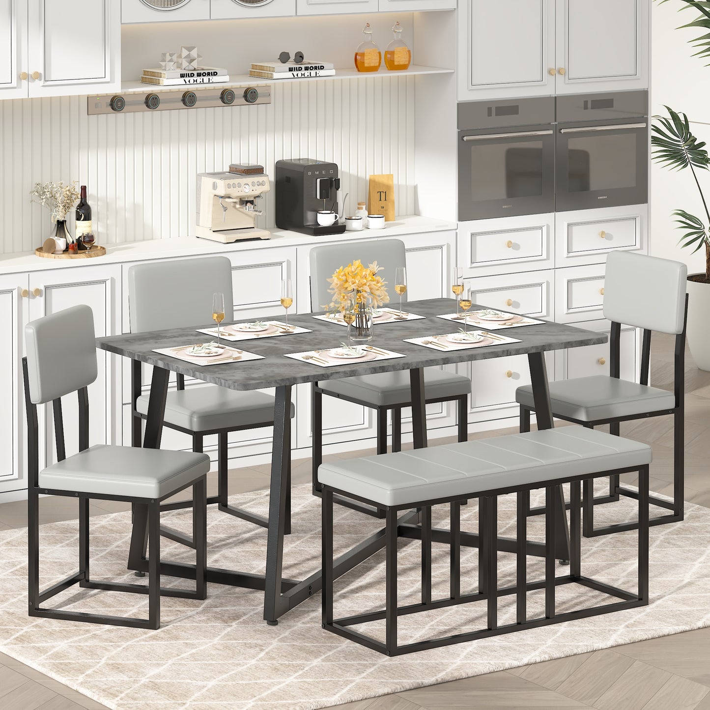 6 Piece Dining Room Table Set, Dining Table Sets for 6 with Chairs and Bench, Large Dinning Table and Chairs 4to6Set, Modern Kitchen Table Sets with Chairs for 6, Gray Table and Gray Chairs Set