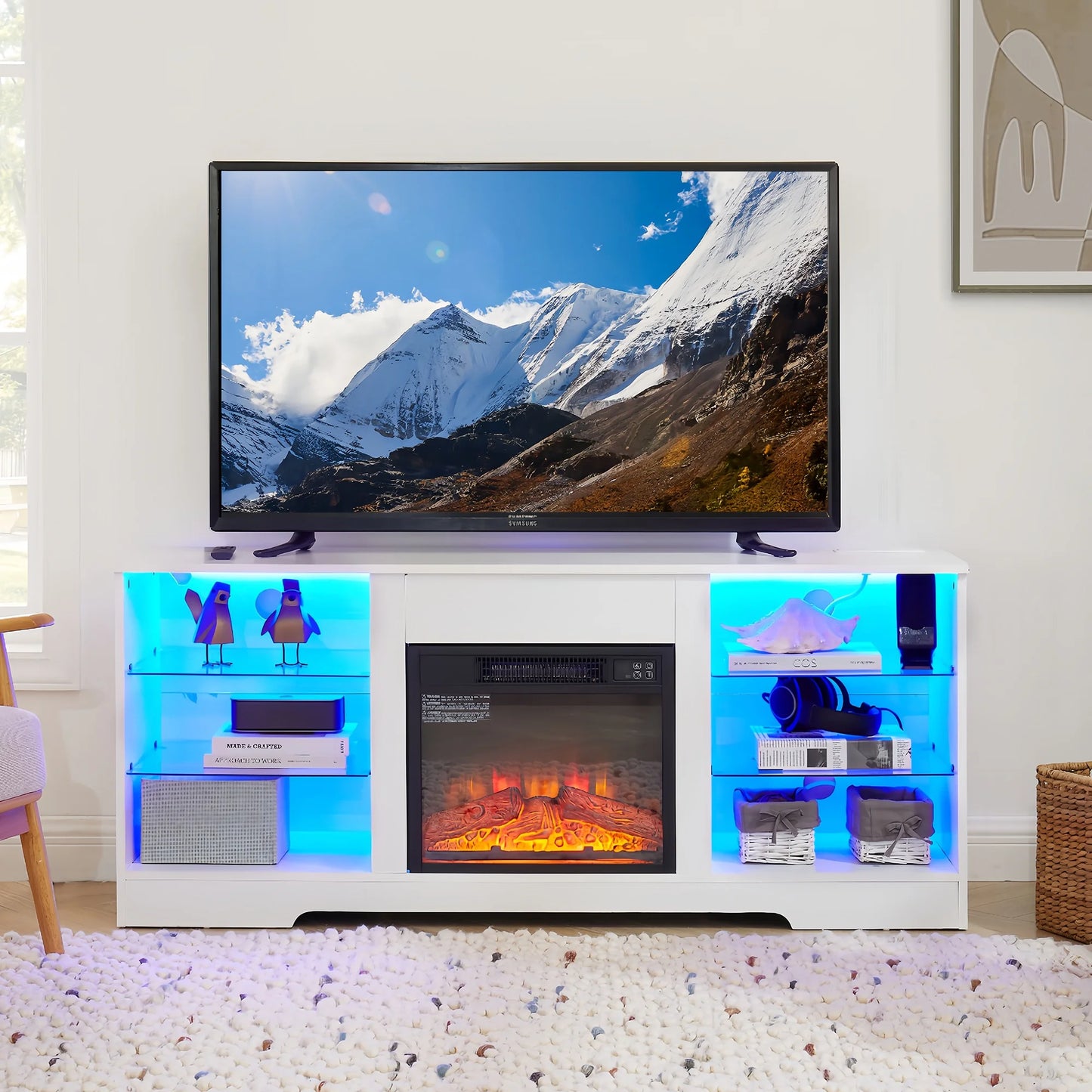 PAPROOS Fireplace TV Stand with LED Light for 62 Inch TV, Entertainment Center with USB Charging Outlet and Glass Shelves, Electric Fireplace with Adjustable Warmth, White