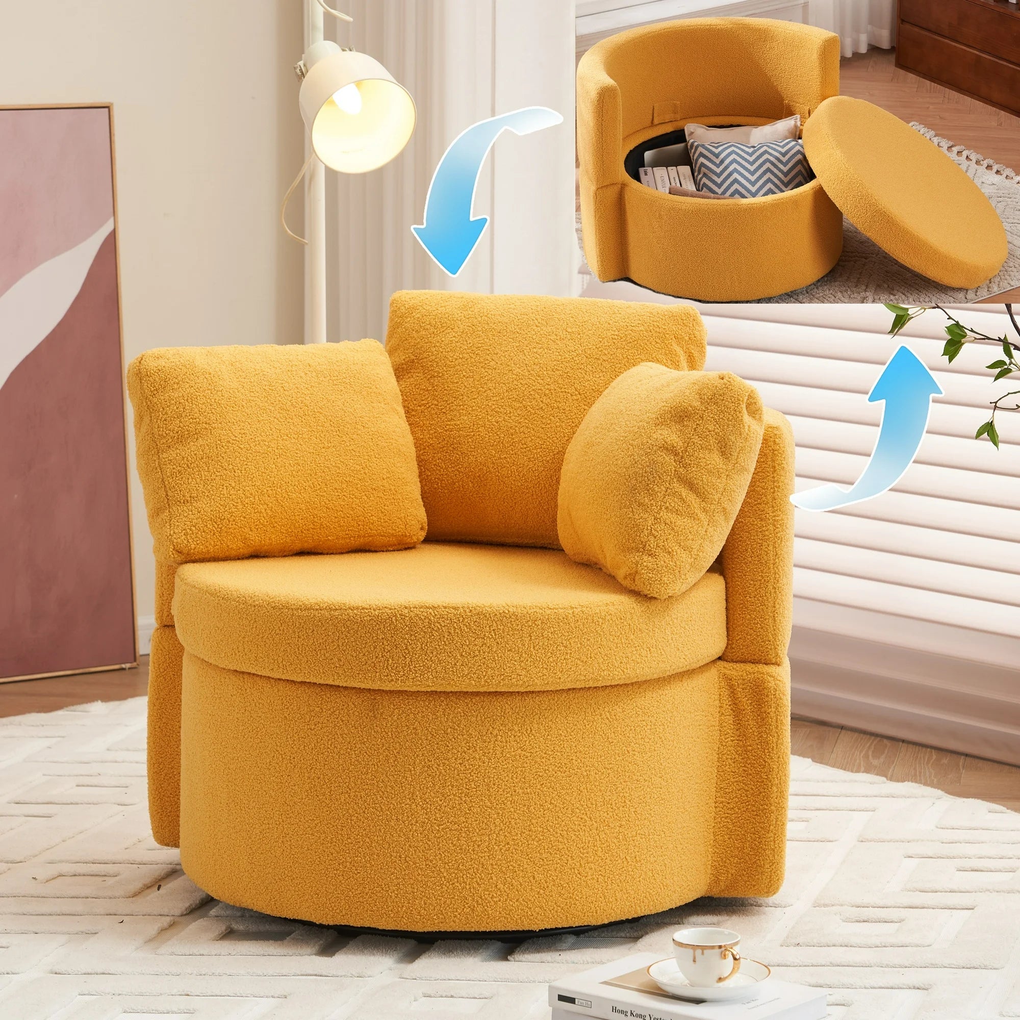 PAPROOS Swivel Barrel Accent Chair, 360° Swivel Chairs with Storage and Removable Throw Pillow, Single Sofa Armchair Comfy Round Sofa Chair for Living Room Bedroom