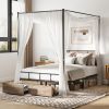 PAPROOS Full Size Canopy Bed Frame, Upholstered Bed Frame with Metal Slats, Metal Platform Bed with 2 Storage Drawers, No Box Spring Needed