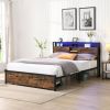 PAPROOS Full Size Bed Frame, Metal Platform Bed with Upholstered Storage Headboard, 2 drawers, Charging Station, Full Bed Frame with Metal Slats
