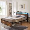 PAPROOS Full Size Bed Frame, Metal Platform Bed with Upholstered Storage Headboard, 2 drawers, Charging Station, Full Bed Frame with Metal Slats