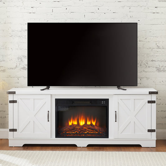 PAPROOS TV Stand With Fireplace for 70" TV, Farmhouse Barn TV Cabinet Entertainment Center with Remote Control Virtual Flame Fireplace and Open Shelves and Closed Cabinets, Media Console White