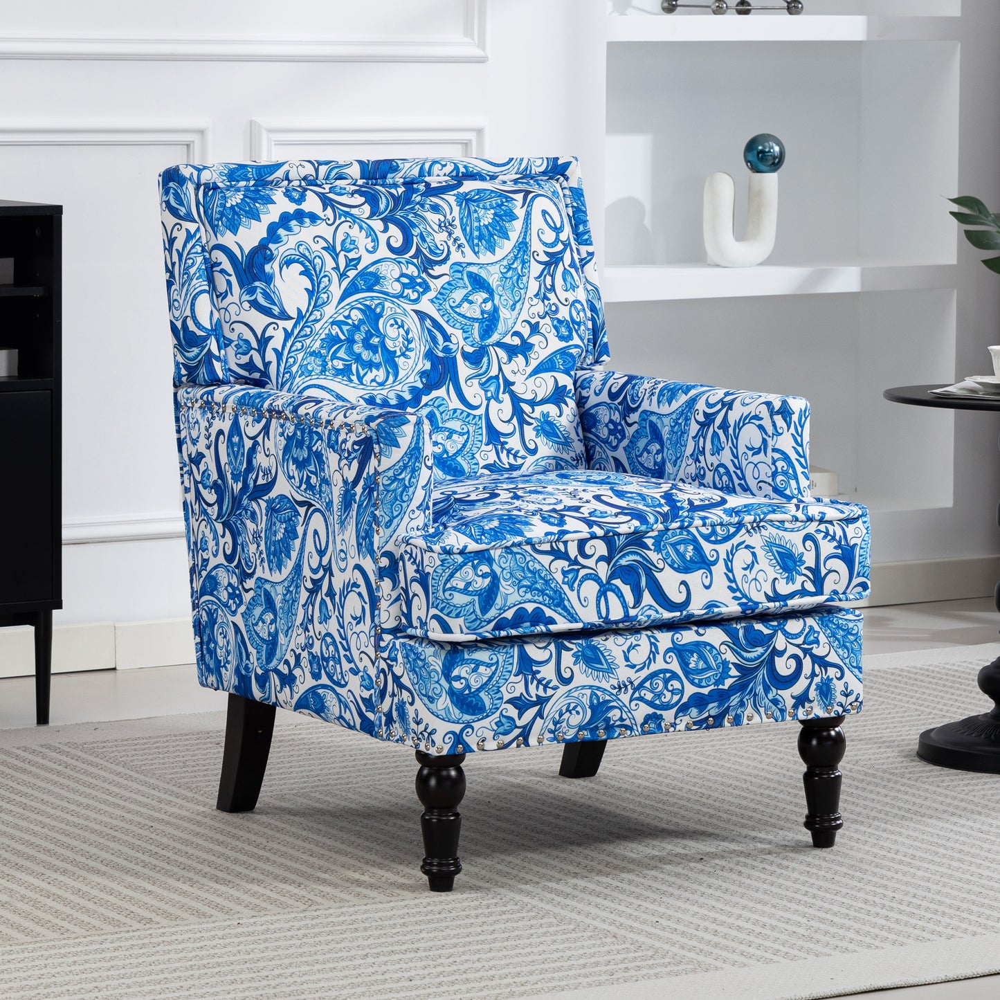PAPROOS Upholstered Accent Chair, Vintage Arm Chair with Blue and White Striped Linen Fabric and Nailhead Trim, Comfort Reading Chair Lounge Chair, Armchair for Living Room, Bedroom, Blue