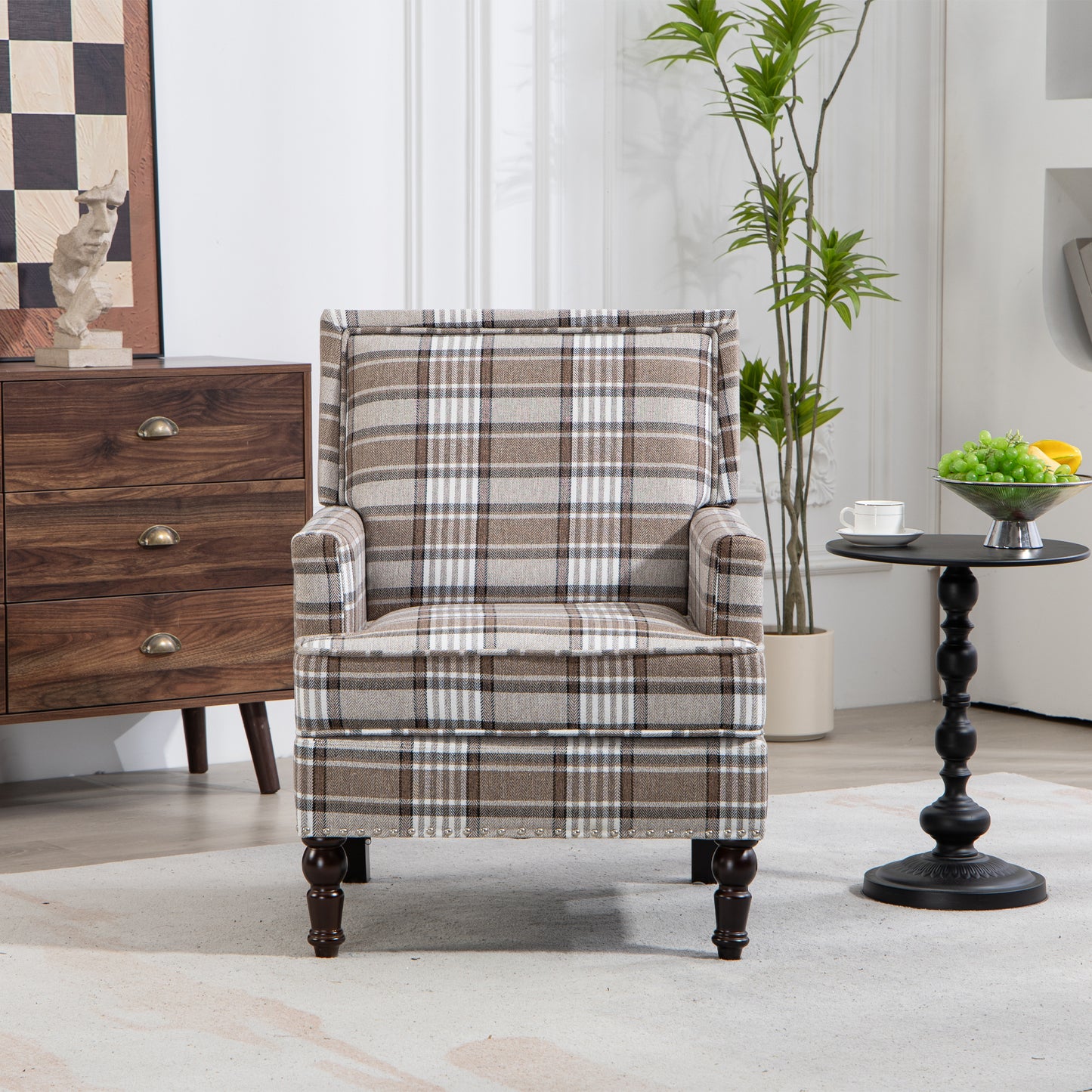 PAPROOS Upholstered Accent Chair, Vintage Arm Chair with Blue and White Striped Linen Fabric and Nailhead Trim, Comfort Reading Chair Lounge Chair, Armchair for Living Room, Bedroom, Blue