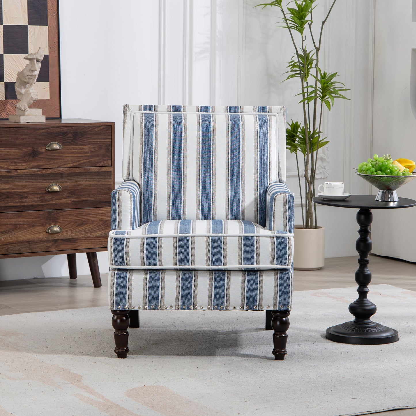 PAPROOS Upholstered Accent Chair, Vintage Arm Chair with Blue and White Striped Linen Fabric and Nailhead Trim, Comfort Reading Chair Lounge Chair, Armchair for Living Room, Bedroom, Blue