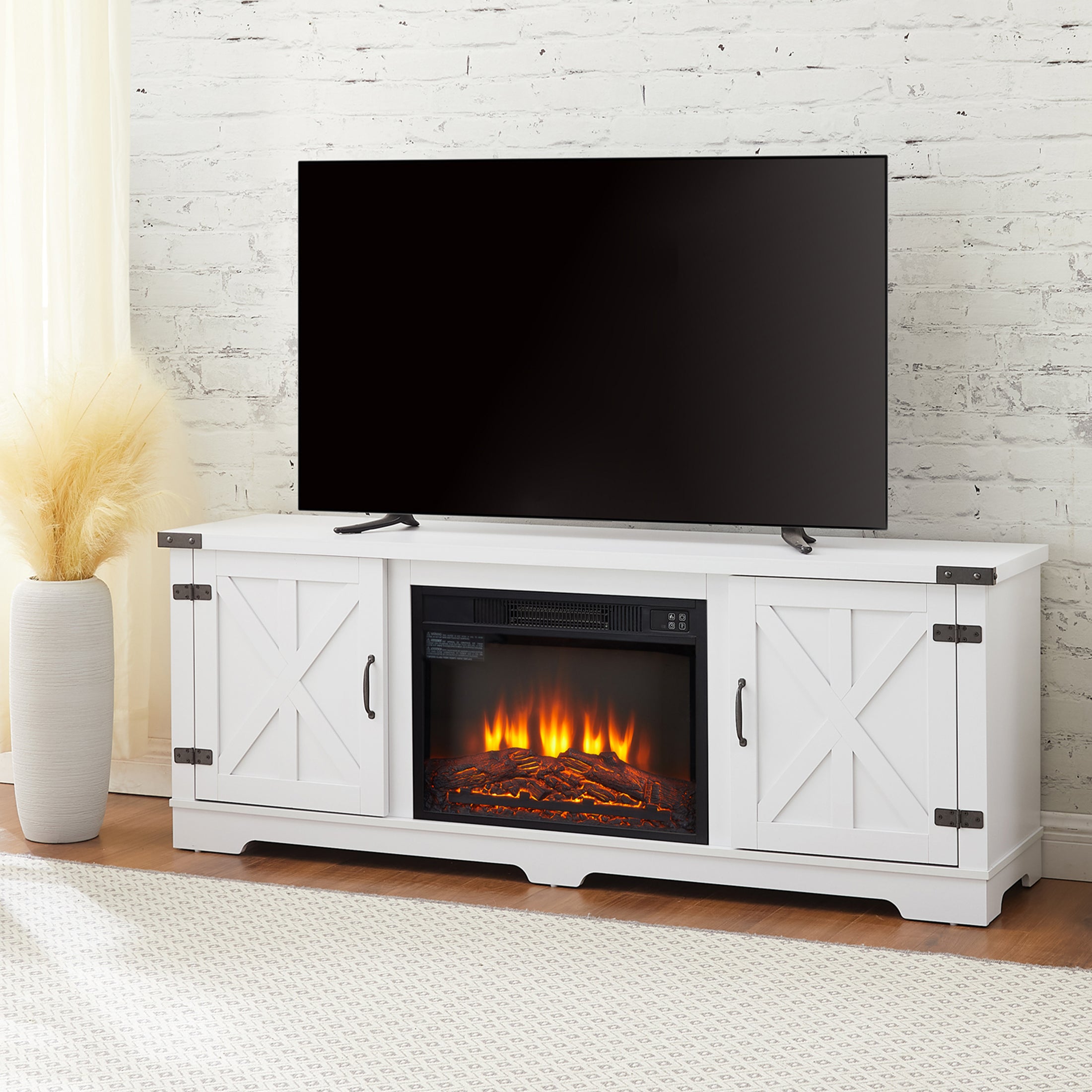 PAPROOS TV Stand With Fireplace for 70" TV, Farmhouse Barn TV Cabinet Entertainment Center with Remote Control Virtual Flame Fireplace and Open Shelves and Closed Cabinets, Media Console White