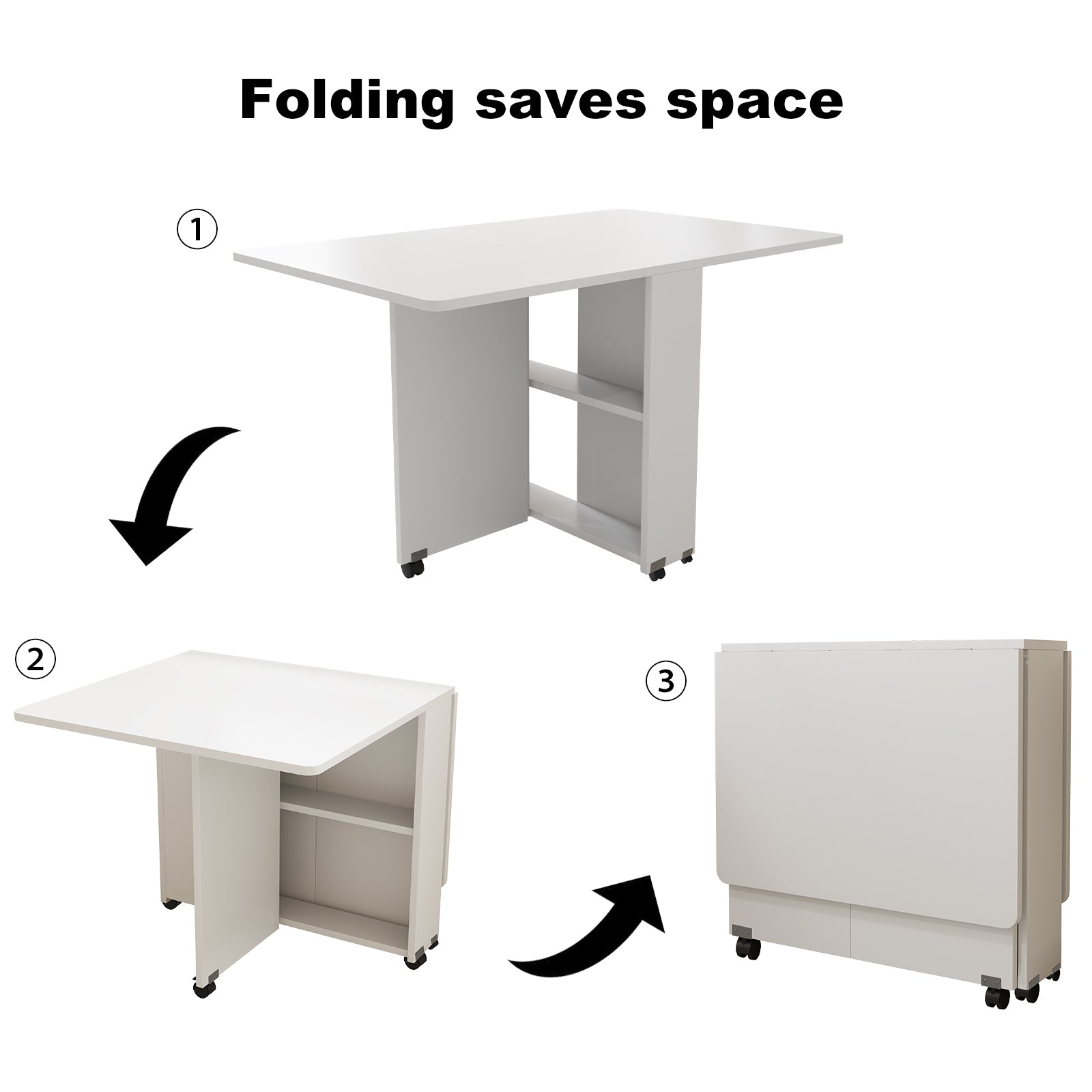 PAPROOS Folding Dining Table, 47'' Drop Leaf Dining Table with Storage Shelves & Wheels, Space Saving Kitchen Table with Marble-color, Expandable Dining Room Table, White