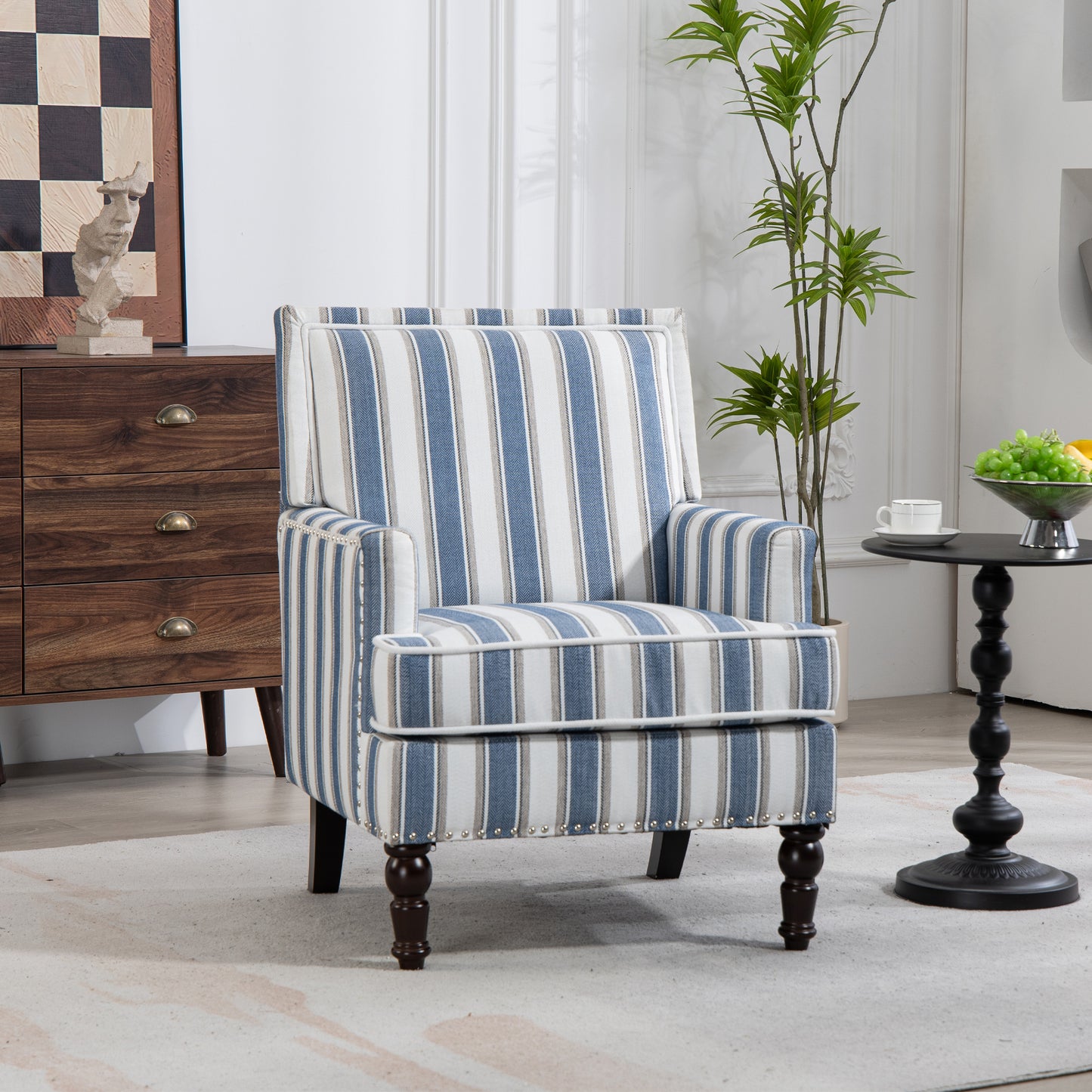 PAPROOS Upholstered Accent Chair, Vintage Arm Chair with Blue and White Striped Linen Fabric and Nailhead Trim, Comfort Reading Chair Lounge Chair, Armchair for Living Room, Bedroom, Blue