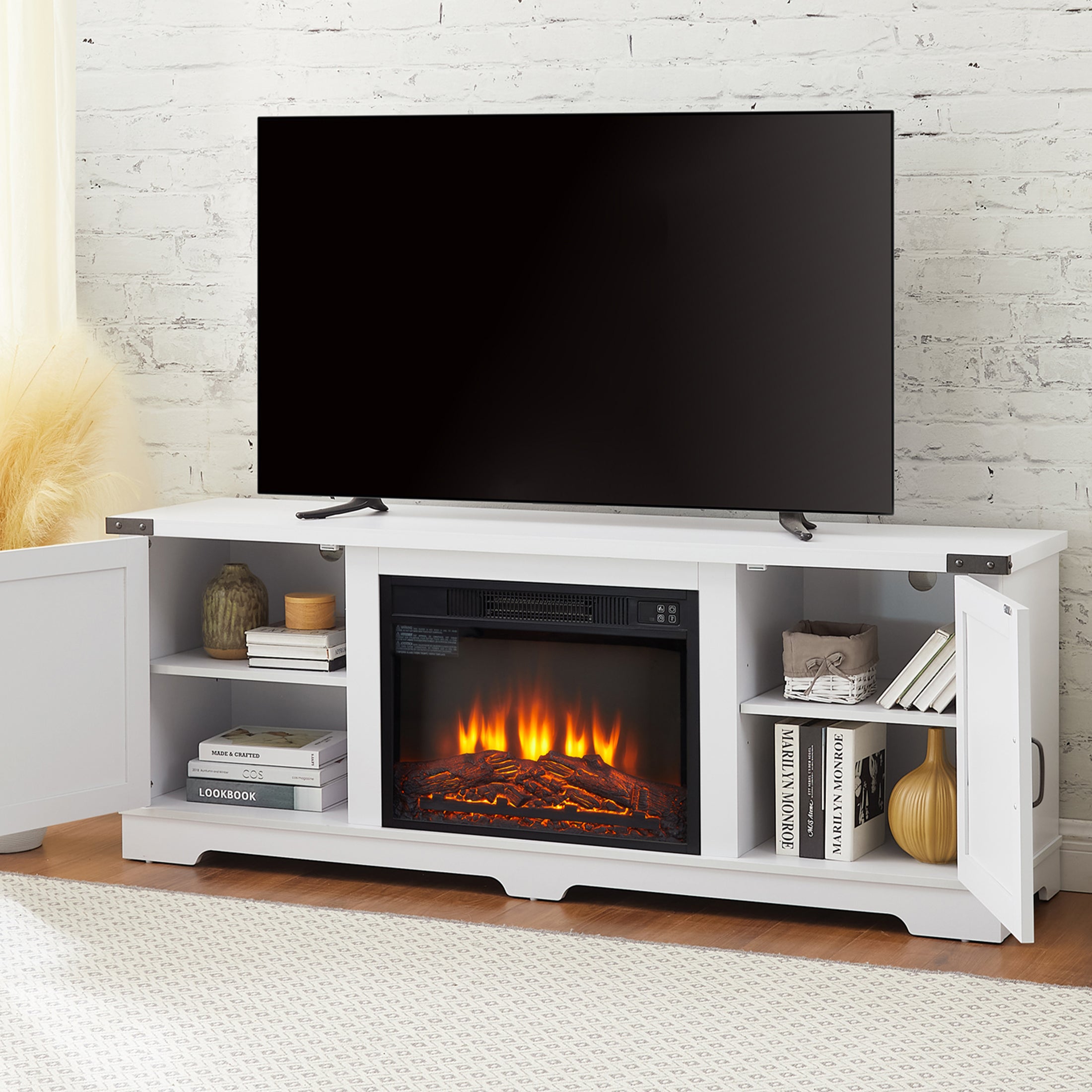 PAPROOS TV Stand With Fireplace for 70" TV, Farmhouse Barn TV Cabinet Entertainment Center with Remote Control Virtual Flame Fireplace and Open Shelves and Closed Cabinets, Media Console White