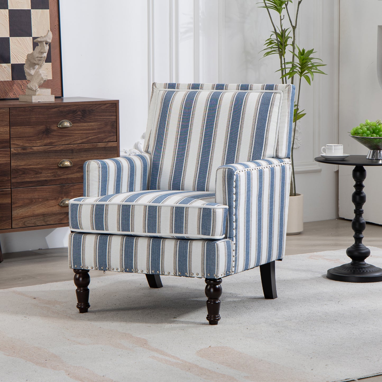 PAPROOS Upholstered Accent Chair, Vintage Arm Chair with Blue and White Striped Linen Fabric and Nailhead Trim, Comfort Reading Chair Lounge Chair, Armchair for Living Room, Bedroom, Blue