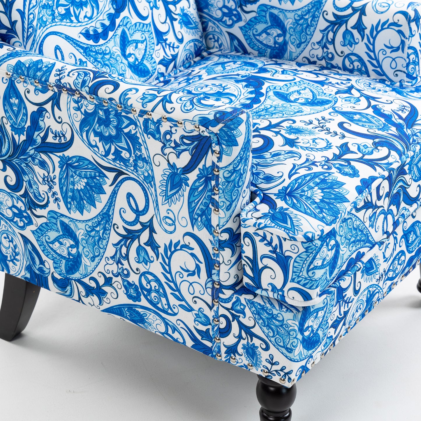 PAPROOS Upholstered Accent Chair, Vintage Arm Chair with Blue and White Striped Linen Fabric and Nailhead Trim, Comfort Reading Chair Lounge Chair, Armchair for Living Room, Bedroom, Blue