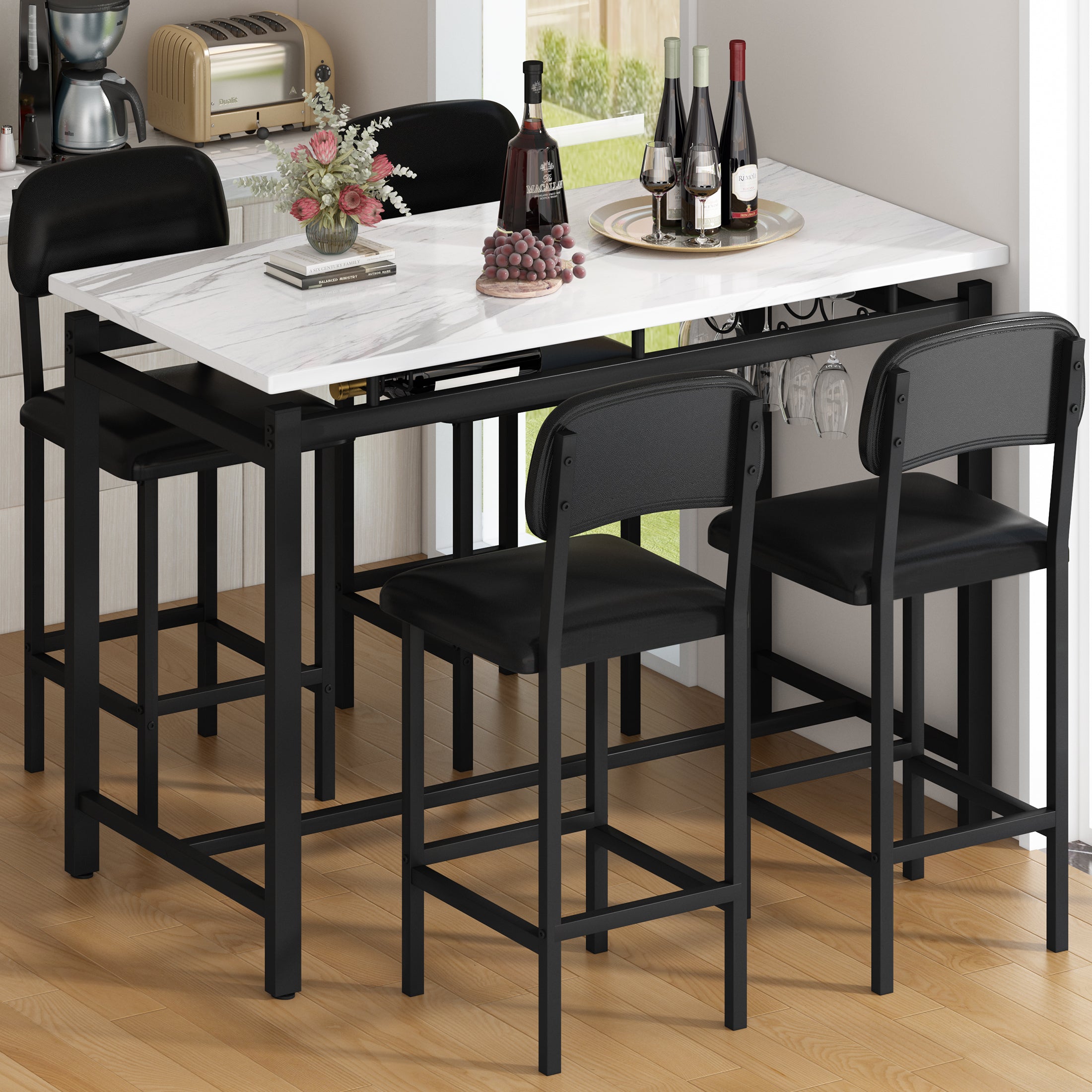 Counter Height Dining Set for 4, 5 Piece Dining Room Set with 4 Stools, Modern Dinette Set for 4, Pub Dining Table & Chairs Set for 4 Persons, Bar Dining Room Set for Small Spaces, White