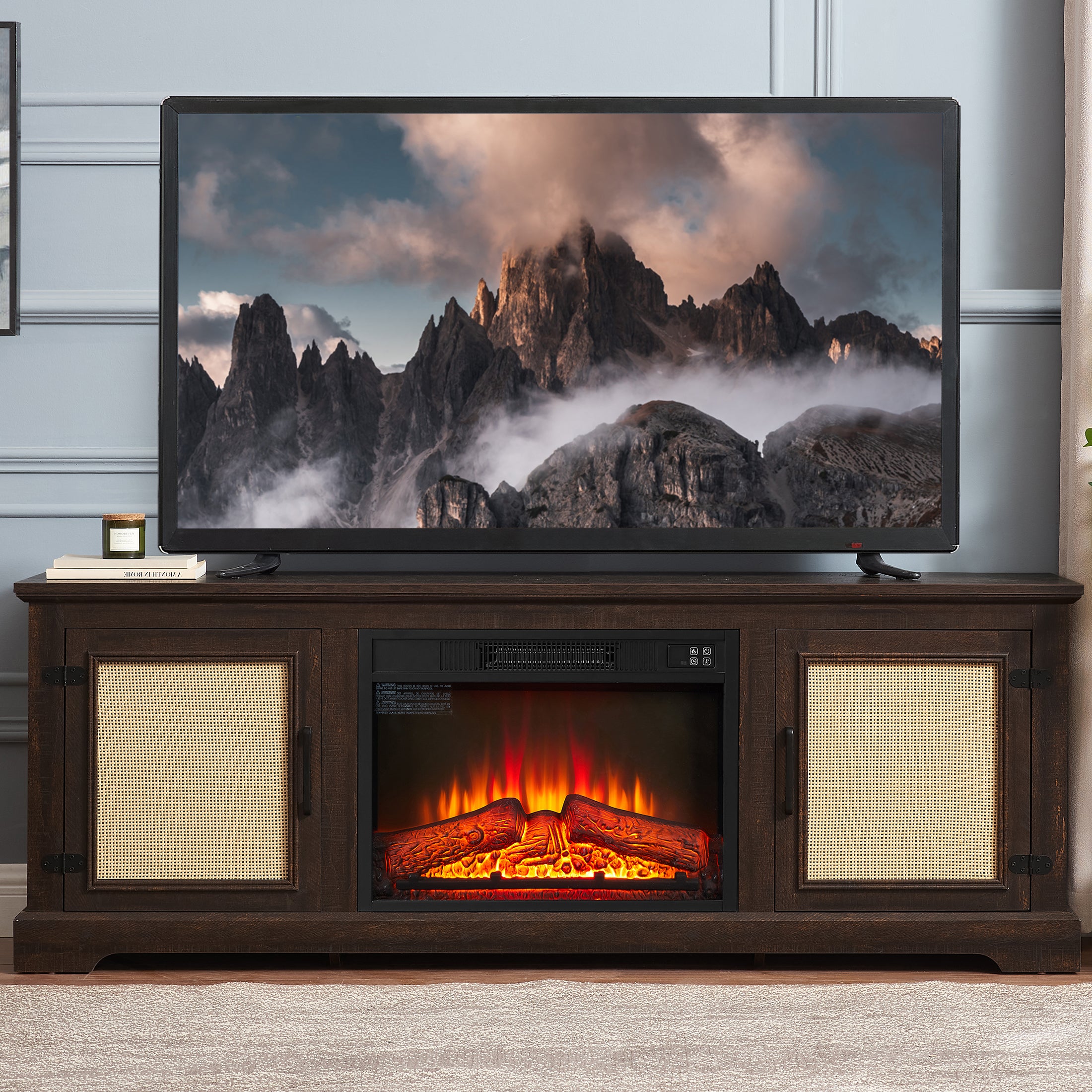 PAPROOS TV Stand With 18" Fireplace up to 65" TV, Rattan Doors TV Console Media Console with Storage Cabinet and Adjustable Shelves for Living Room, Wood Farmhouse Entertainment Center, Gray