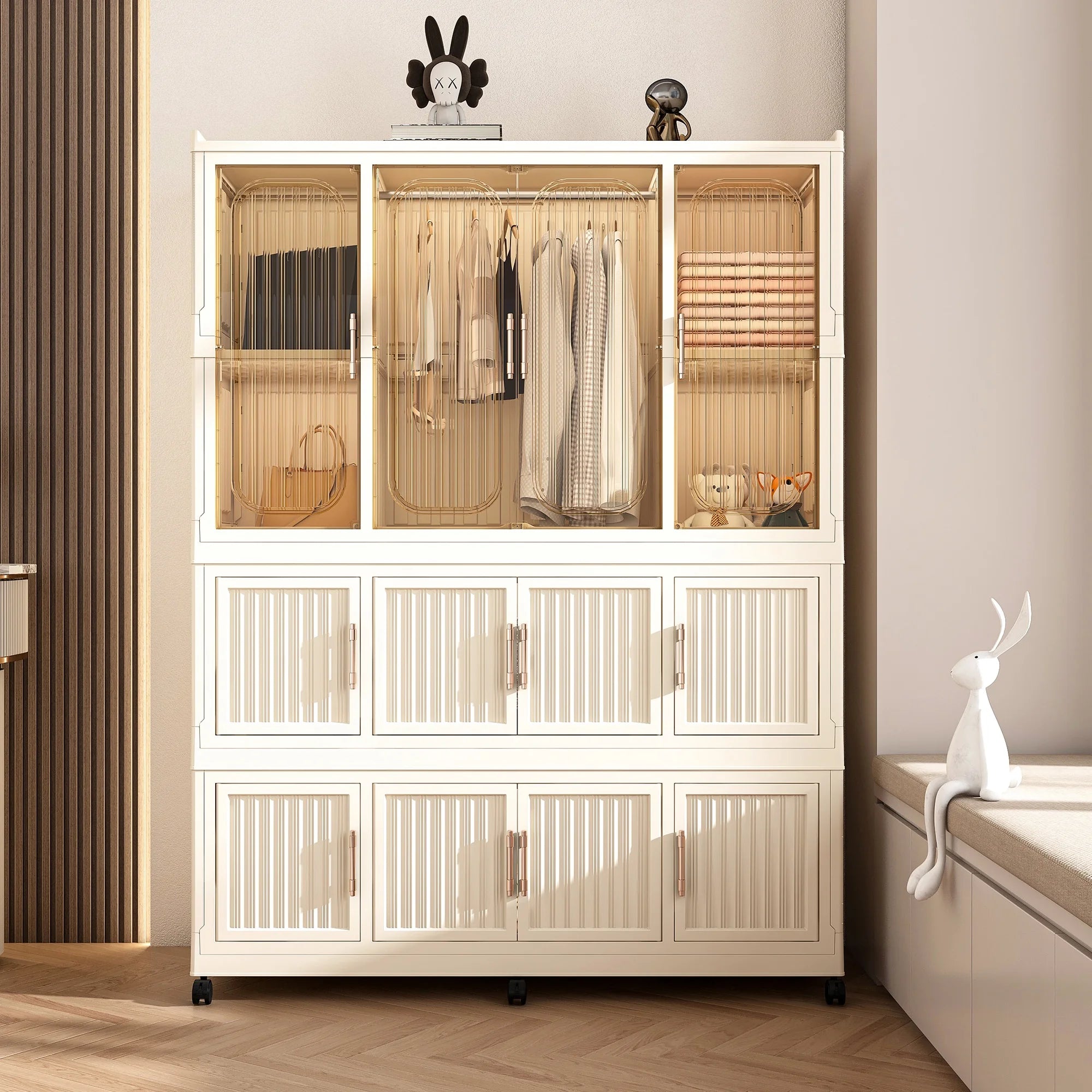 PAPROOS Portable Folding Wardrobe with 12 Cubes 1 Hanging Rod, Wardrobe Storage Cabinet, Portable Closet Organizer with 12 Magnetic Doors, Cream White