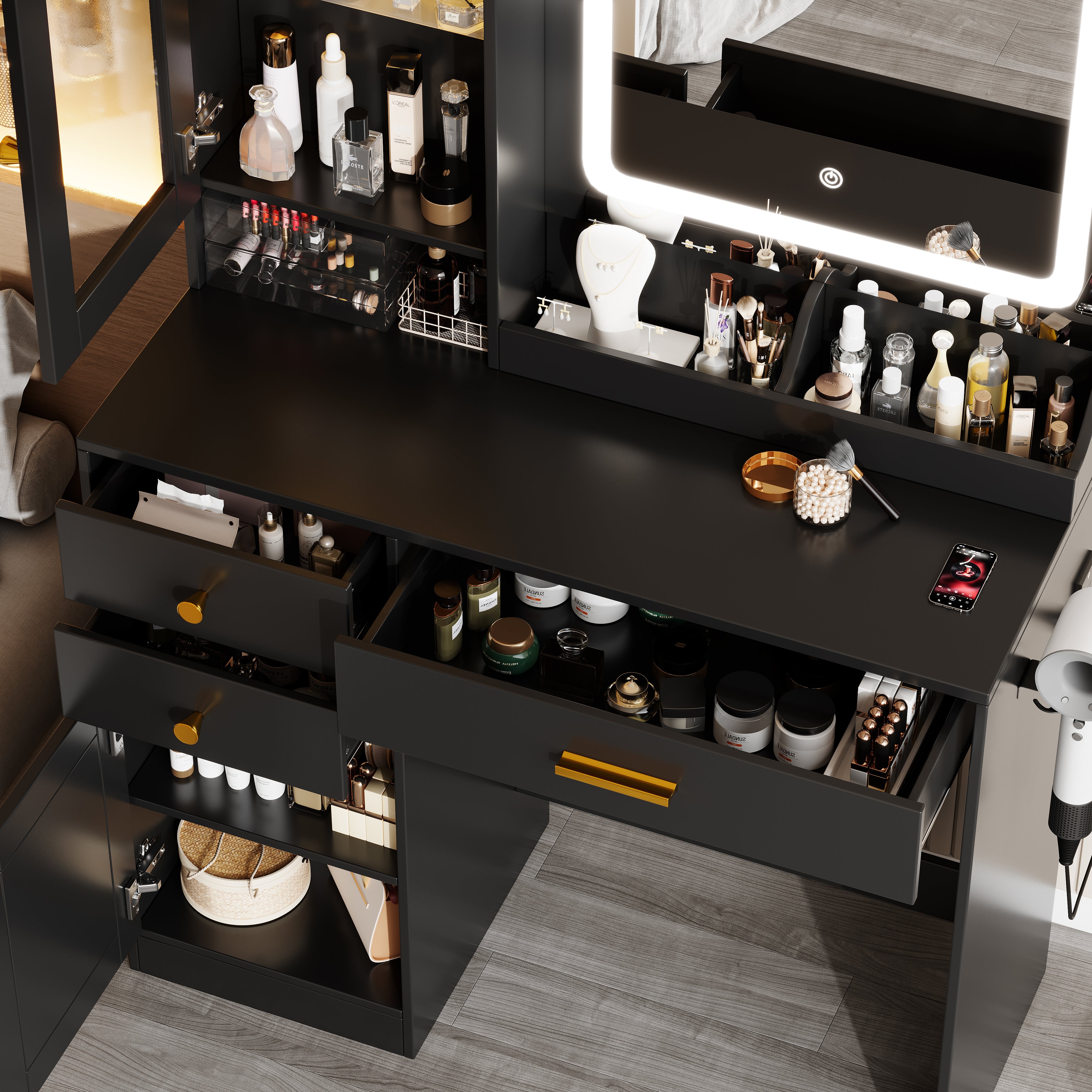 PAPROOS Vanity Set with 3 Color Lighted Mirror, Modern Makeup Vanity Table with Charging Station and Hair Dryer Rack, Bedroom Dressing Table with 3 Drawers, Cabinet, Cushioned Stool for Girls, Black