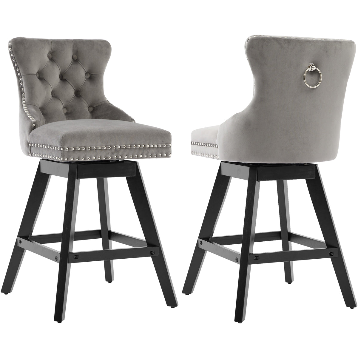 Swivel Bar Stools Set of 2, Velvet Counter Height Bar Stools with Back, Swivel Dining Chair with Button Tufted and Wooden Legs, Kitchen Chair Counter Stools for Kitchen Island
