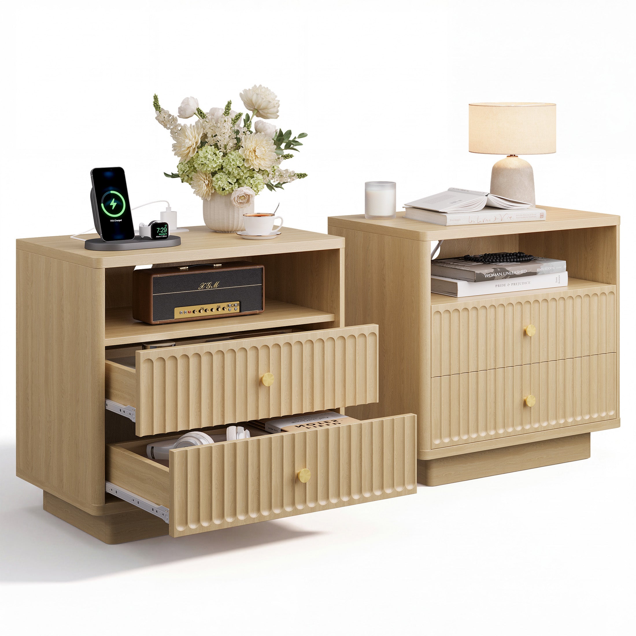 Fluted Nightstand with Charging Station