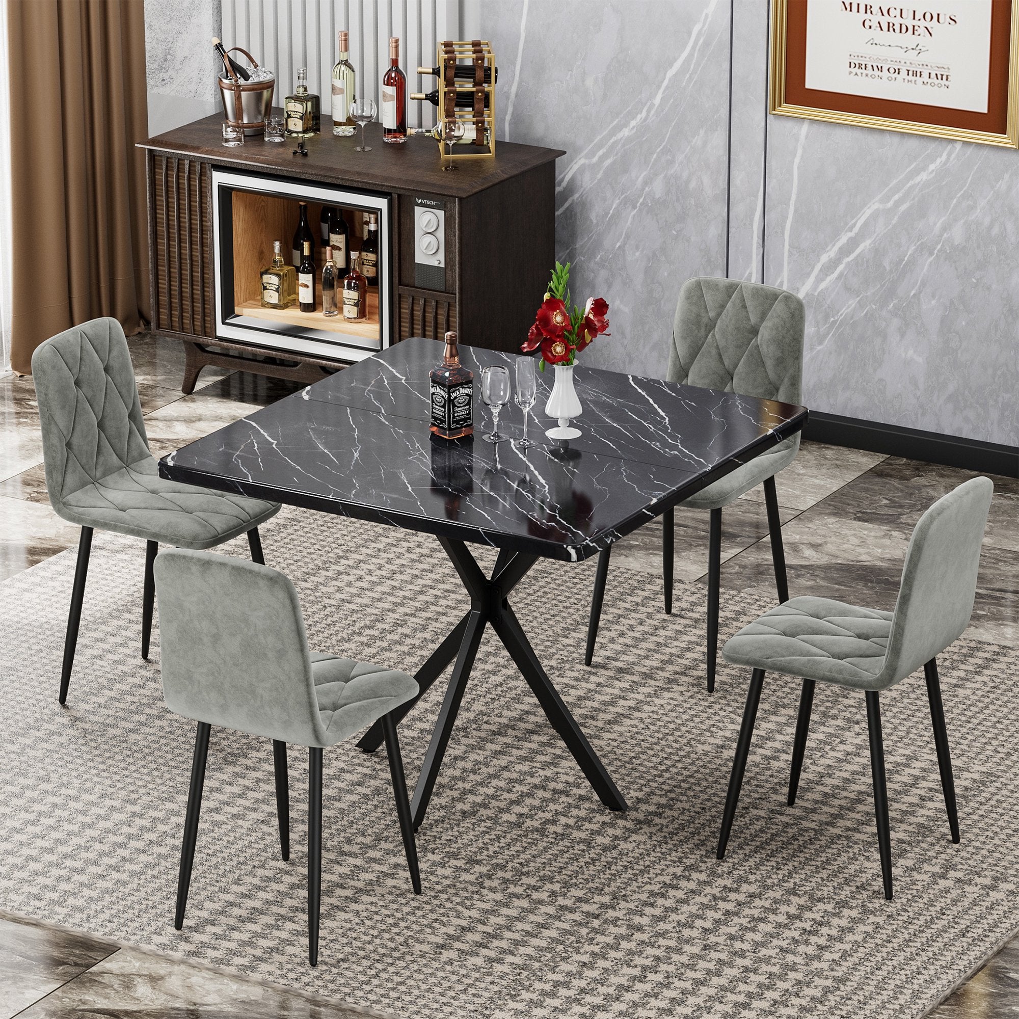PAPROOS Dining Table Set for 4, 5-Piece Kitchen Table Set with Faux Marble Tabletop and 4 Velvet Upholstered Chairs, Square Kitchen Table and Chairs, Small Dining Set for Dining Room