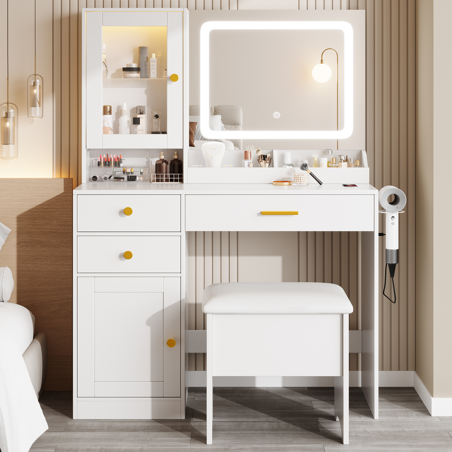 Vanity Desk with Mirror and LED Light, PAPROOS Makeup Vanity with Cabinet and 3 Drawers, Makeup Table with Anti-tipping Function, Upholstered Stool with storage, Shelves with Door, White
