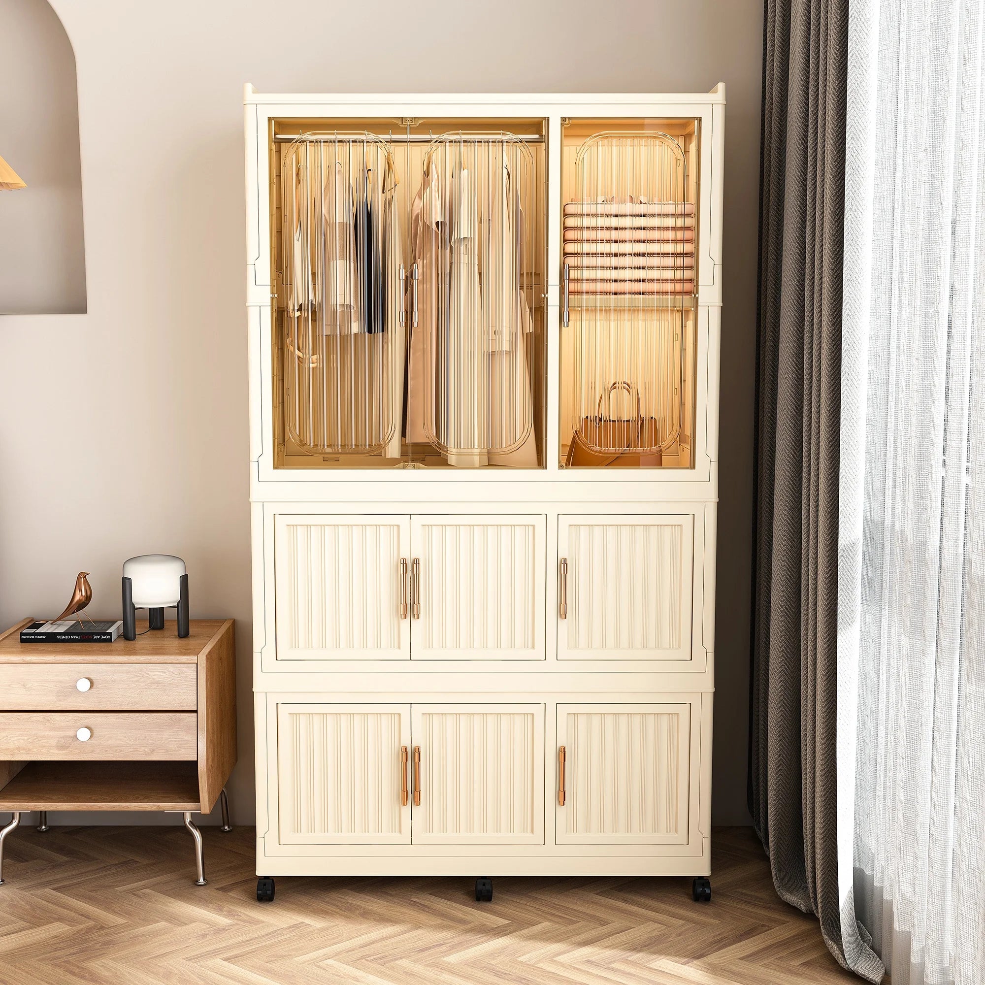 PAPROOS Portable Folding Wardrobe with 12 Cubes 1 Hanging Rod, Wardrobe Storage Cabinet, Portable Closet Organizer with 12 Magnetic Doors, Cream White