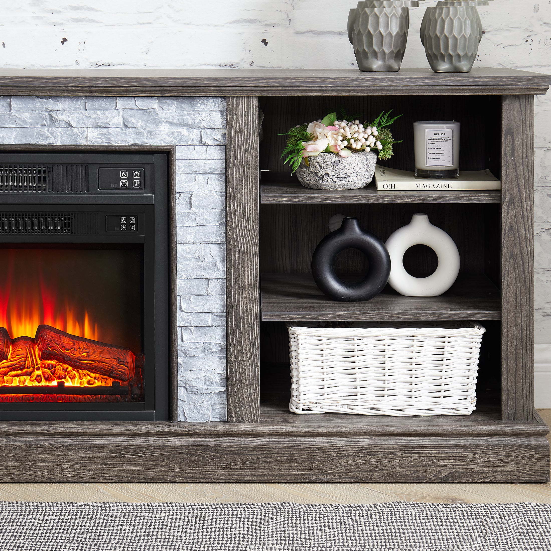 PAPROOS Fireplace TV Stand for 65-inch TV, Wooden TV Console Entertainment Center with Faux Stacked Stone Design for Living Room, Electric Fireplace TV Stand with Open Shelves, Gray