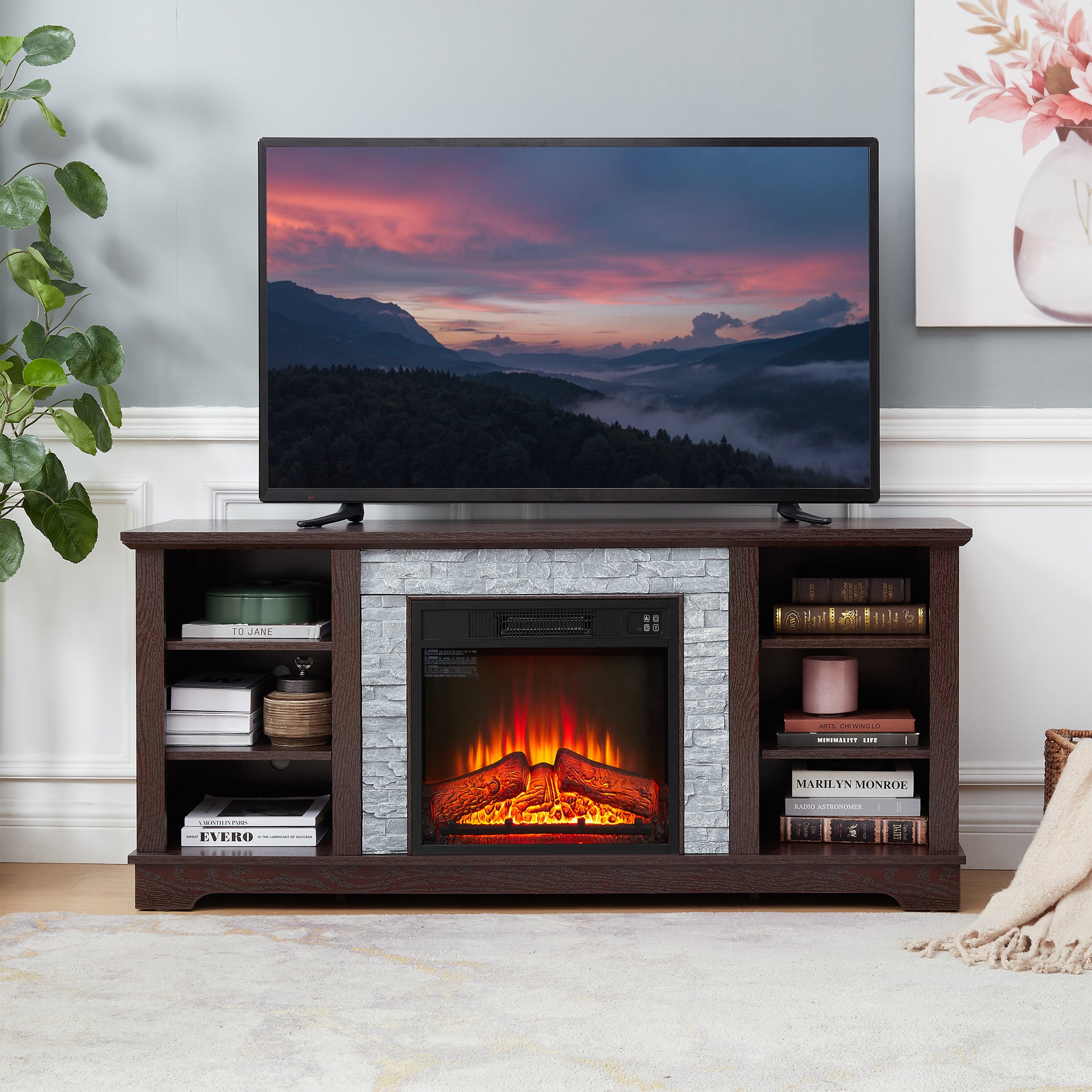 PAPROOS Fireplace TV Stand up to 75" TV, Modern TV Console Media Console with 23" Fireplace for Living Room, Faux Stacked Stone TV Cabinet Entertainment Center with Storage Shelves, Gray