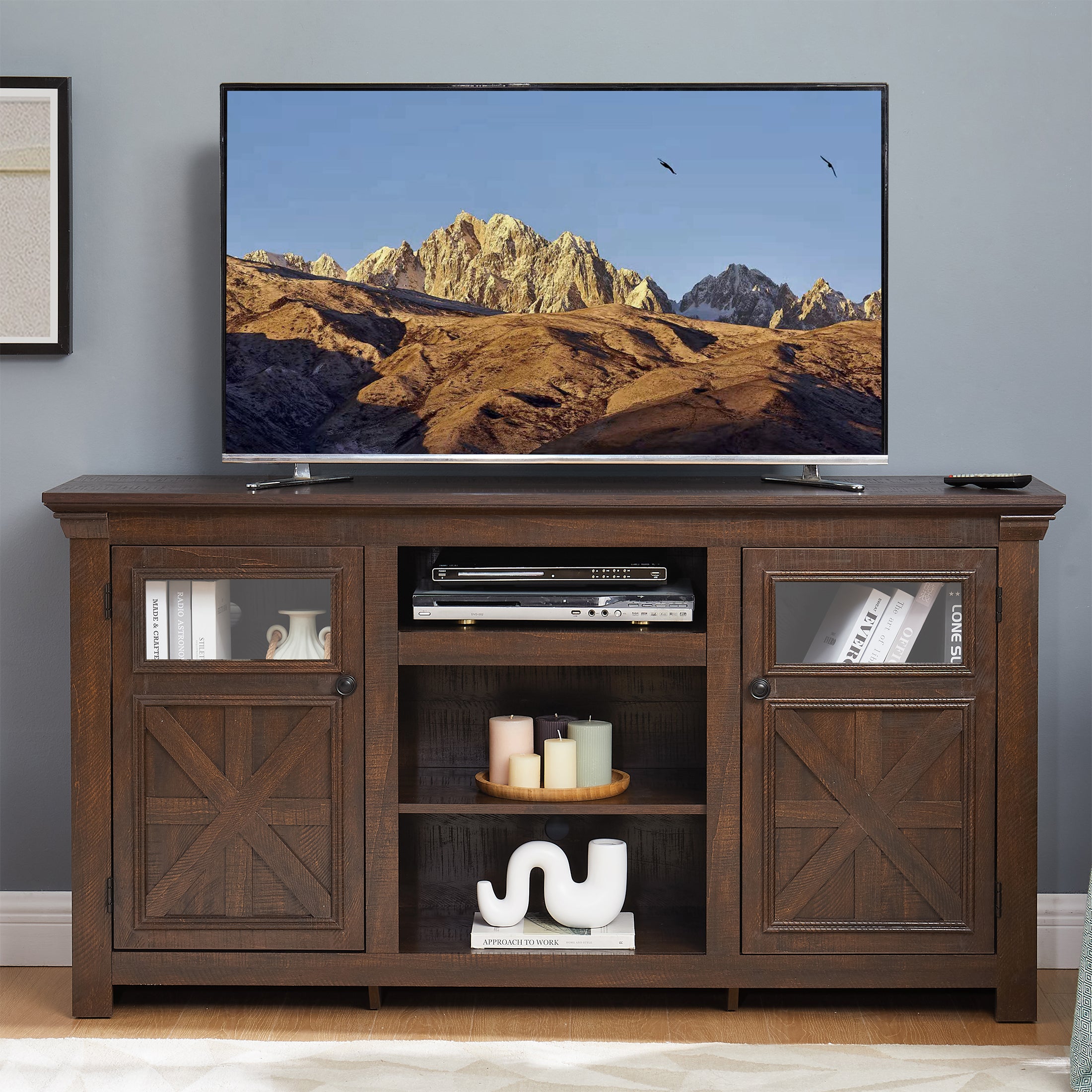 PAPROOS TV Stands for Living Room up to 65" TV, Farmhouse TV Console Media Console with Open Shelves and Barn Doors, Wood TV Stand With Storage and Glass Doors, TV Stand With Cabinet, White