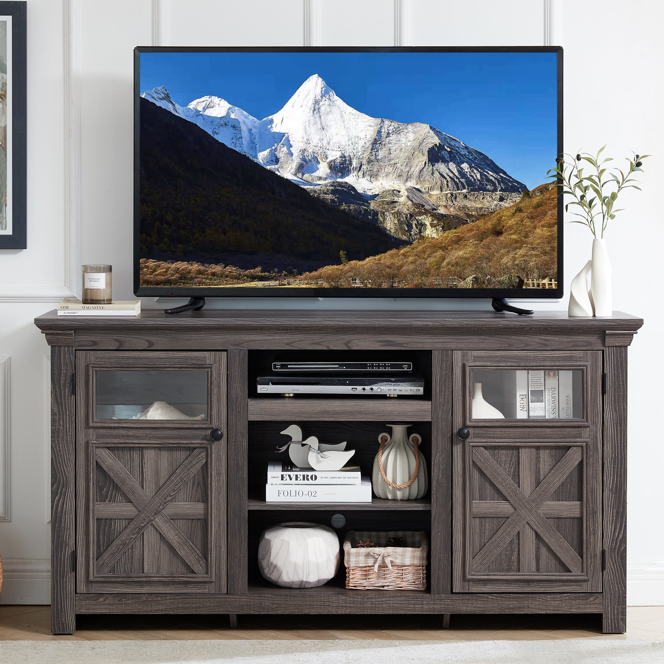 PAPROOS TV Stands for Living Room up to 65" TV, Farmhouse TV Console Media Console with Open Shelves and Barn Doors, Wood TV Stand With Storage and Glass Doors, TV Stand With Cabinet, White