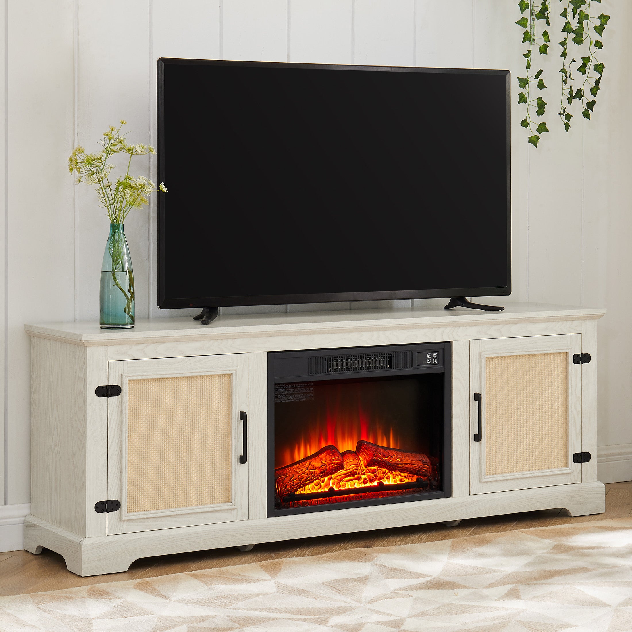 PAPROOS TV Stand With 18" Fireplace up to 65" TV, Rattan Doors TV Console Media Console with Storage Cabinet and Adjustable Shelves for Living Room, Wood Farmhouse Entertainment Center, Gray