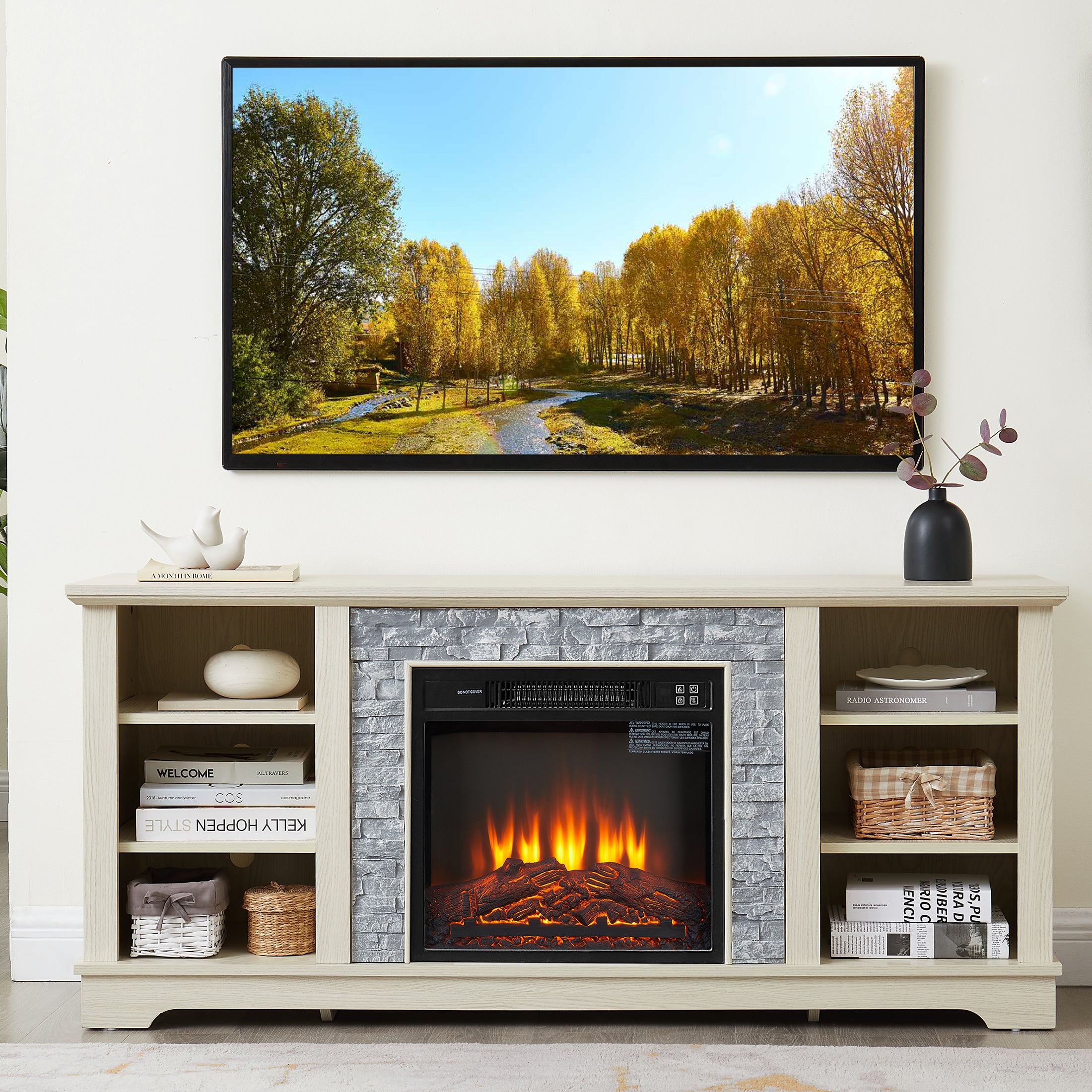 PAPROOS Fireplace TV Stand up to 75" TV, Modern TV Console Media Console with 23" Fireplace for Living Room, Faux Stacked Stone TV Cabinet Entertainment Center with Storage Shelves, Gray