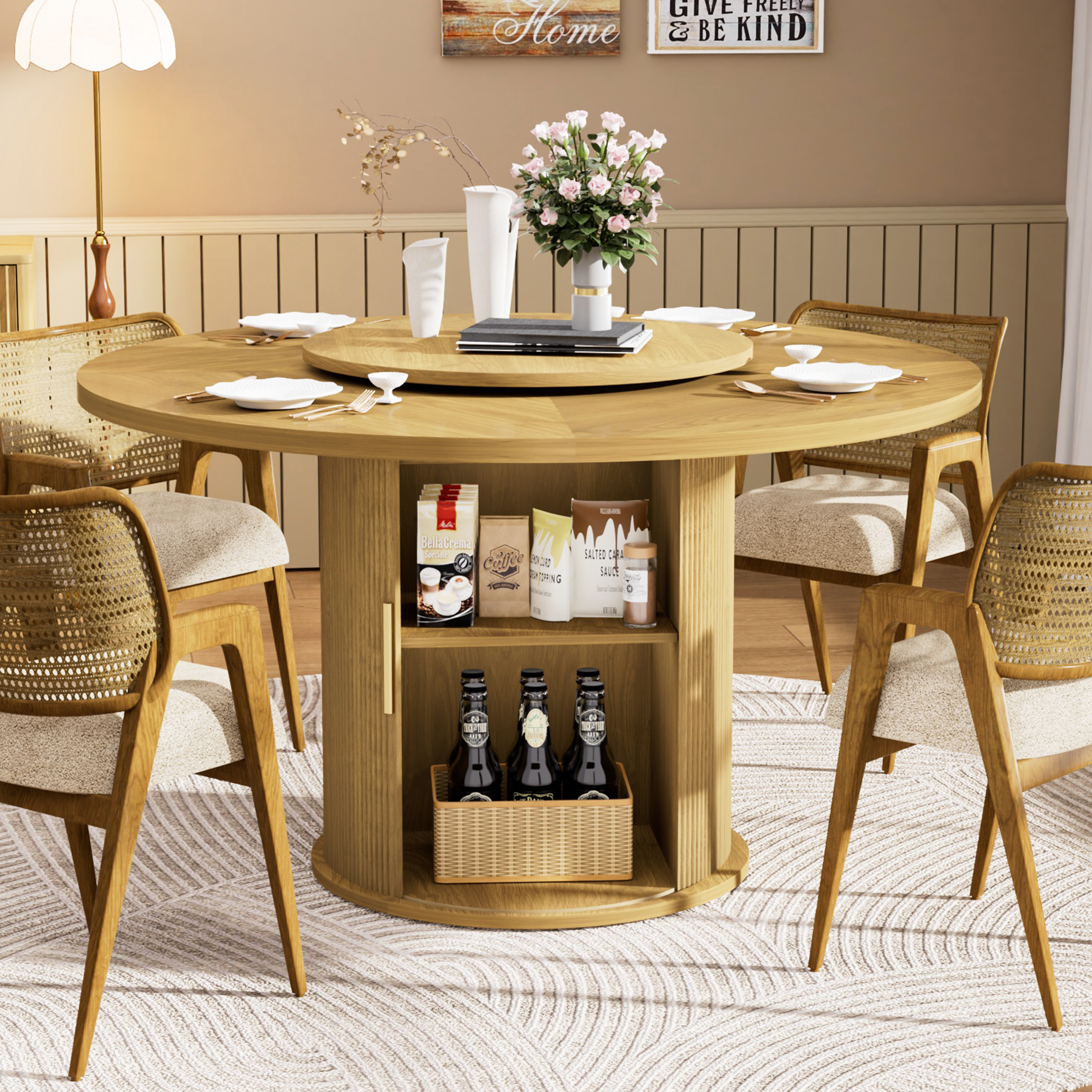 Round Dining Table for 4-6, Paproos 55’’ Kitchen Table with Rotating Tabletop Tray, Dining Room Table with 2-Tier Storage Rack and Sliding Door, Wooden Turntable Dinner Table, Walnut(Only Table)