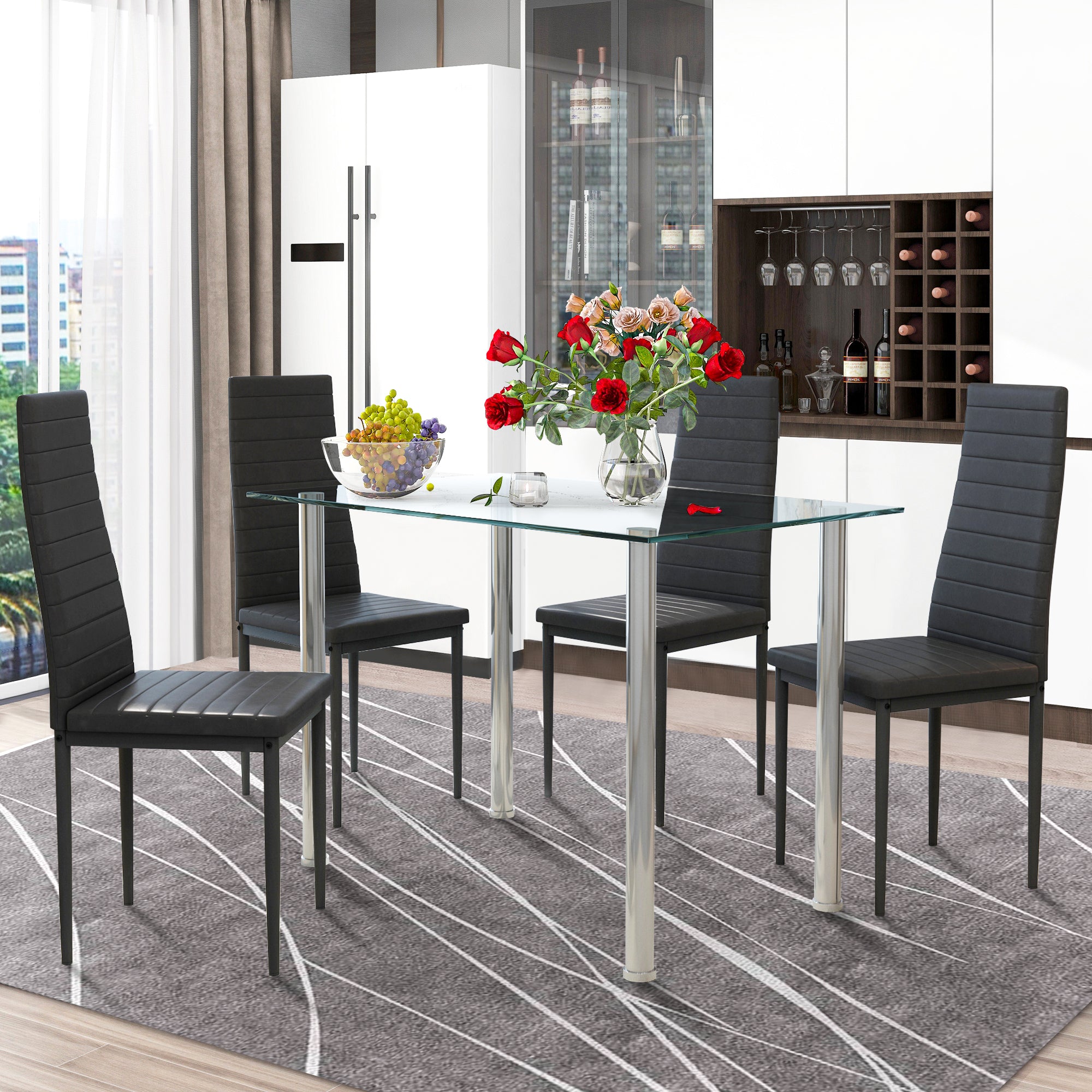 PAPROOS Dining Table Set for 4, Modern 5-Piece Kitchen Table Set with Marble Top and Faux Leather Upholstery Chairs