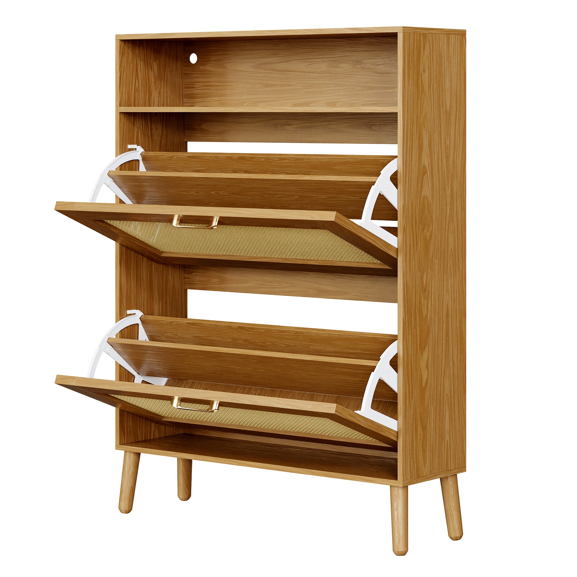 LED Shoe Cabinet with 2 Flip Drawers, Wood 20Pair Shoe Storage Cabinet with Lights for Entryway, Modern Shoe Rack Organizer for Living Room, Rattan Door Design, Brown