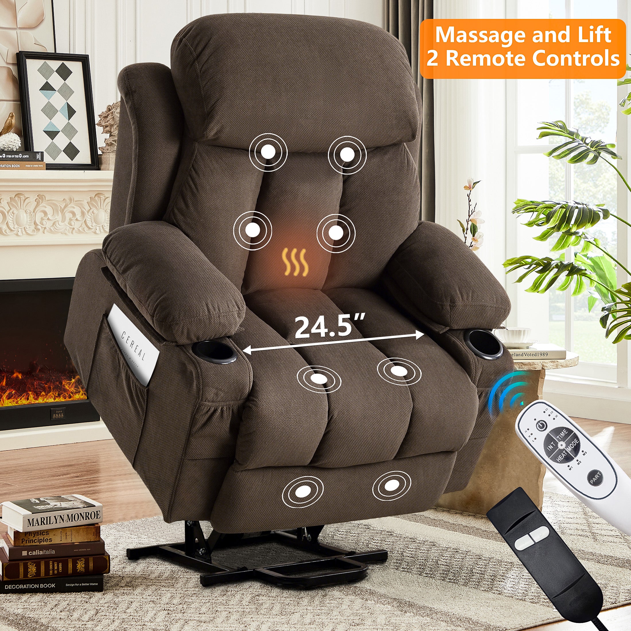 PAPROOS Power Lift Recliner Chair for Elderly with Heat and Massage, Electric Velvet Lift Chair with USB Port, Side Pockets and Cup Holders, Remote Control Recliner for Living Room, Brown