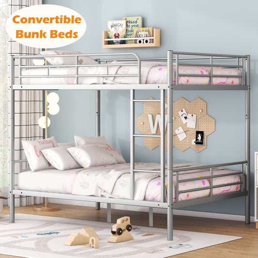 Twin Over Full Metal Bunk Beds with Trundle Bed, Paproos Metal Bunk Beds for Kids Teens Adults with Side Ladders, Twin Over Full Size Bunkbed Frame, No Box Spring Needed, with CPC Certification,