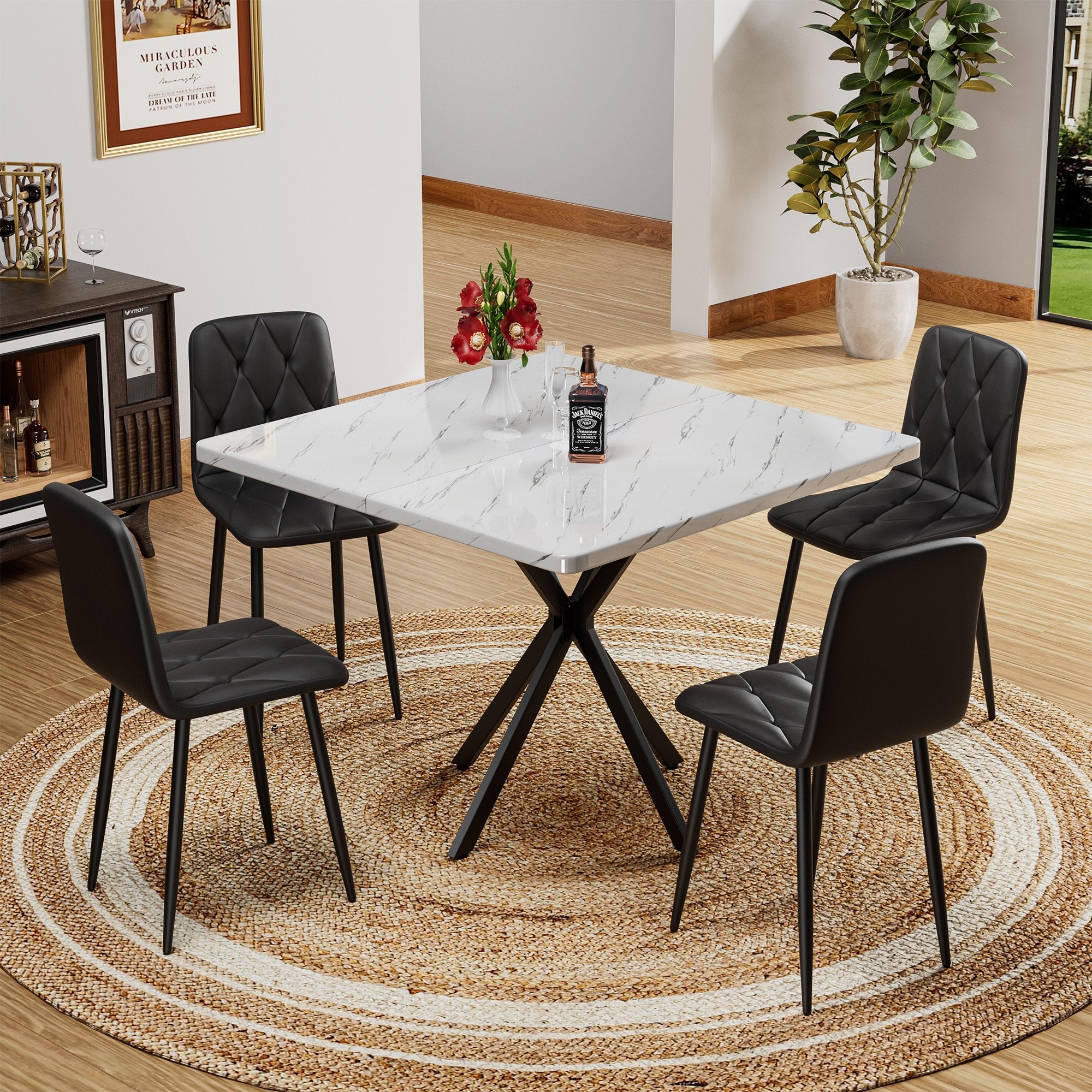 PAPROOS Dining Table Set for 4, 5-Piece Kitchen Table Set with Faux Marble Tabletop and 4 Velvet Upholstered Chairs, Square Kitchen Table and Chairs, Small Dining Set for Dining Room