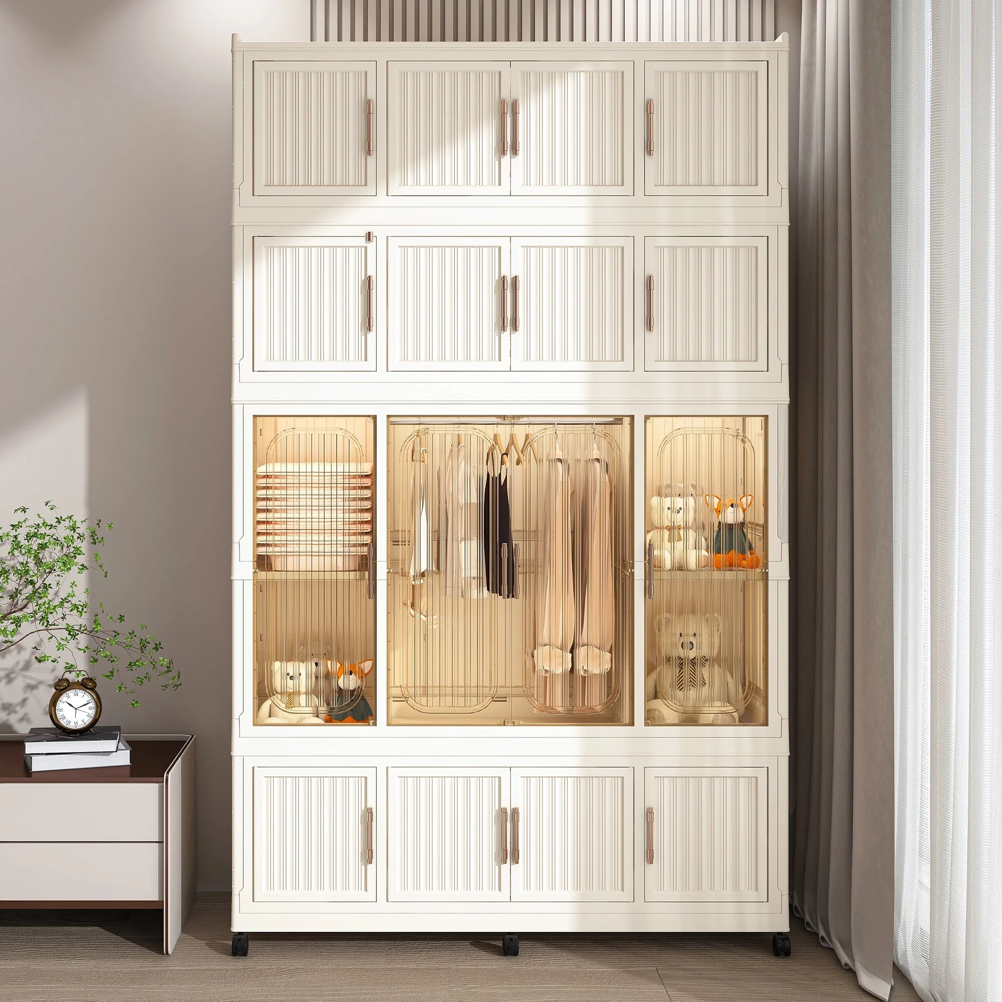 PAPROOS Portable Folding Wardrobe with 12 Cubes 1 Hanging Rod, Wardrobe Storage Cabinet, Portable Closet Organizer with 12 Magnetic Doors, Cream White